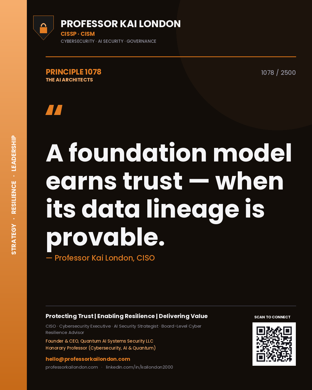 Quote card by Professor Kai London reading 'A foundation model earns trust — when its data lineage is provable.'. From the book The AI Architects.