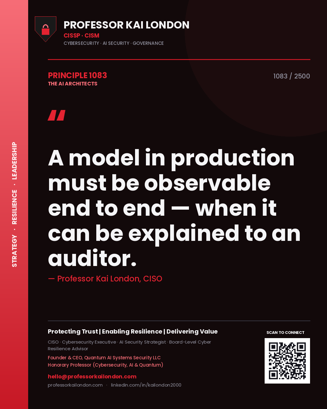 Quote card by Professor Kai London reading 'A model in production must be observable end to end — when it can be explained to an auditor.'. From the book The AI Architects.