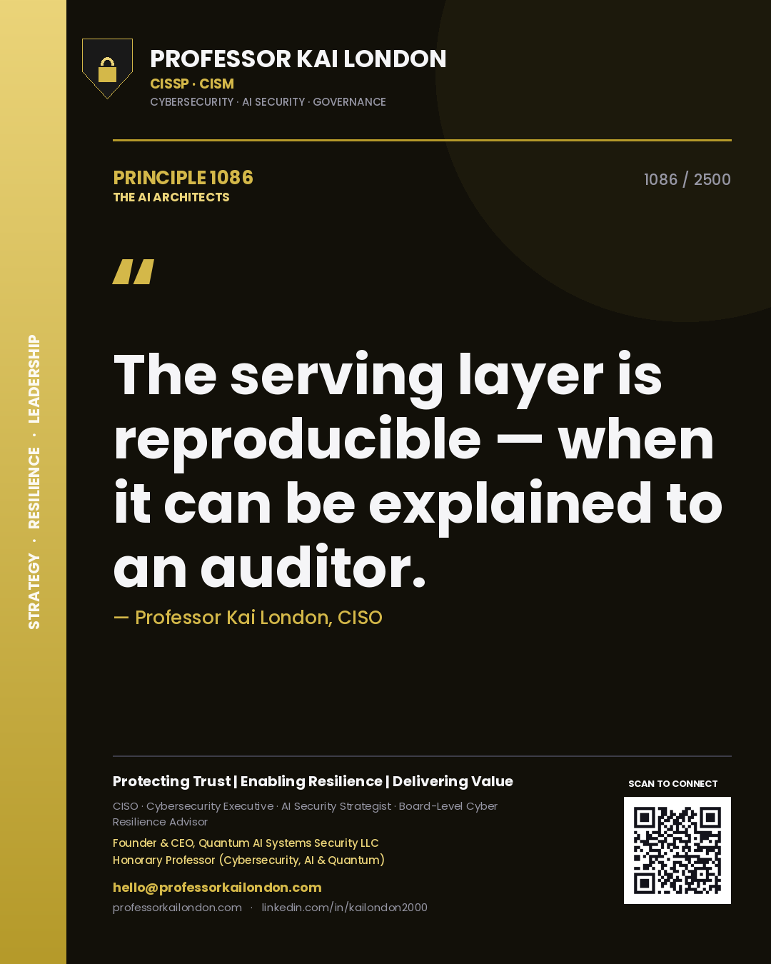Quote card by Professor Kai London reading 'The serving layer is reproducible — when it can be explained to an auditor.'. From the book The AI Architects.