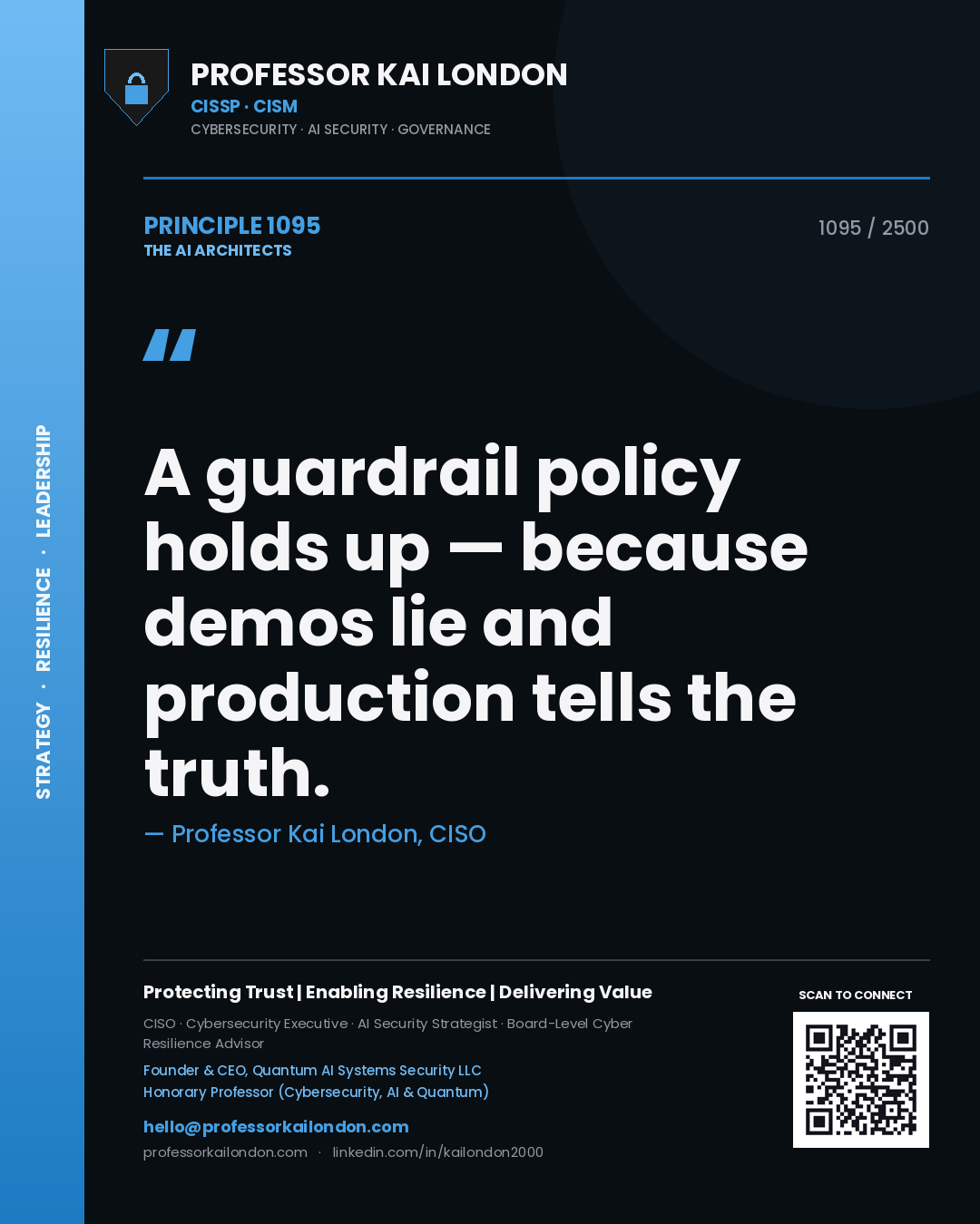 Quote card by Professor Kai London reading 'A guardrail policy holds up — because demos lie and production tells the truth.'. From the book The AI Architects.