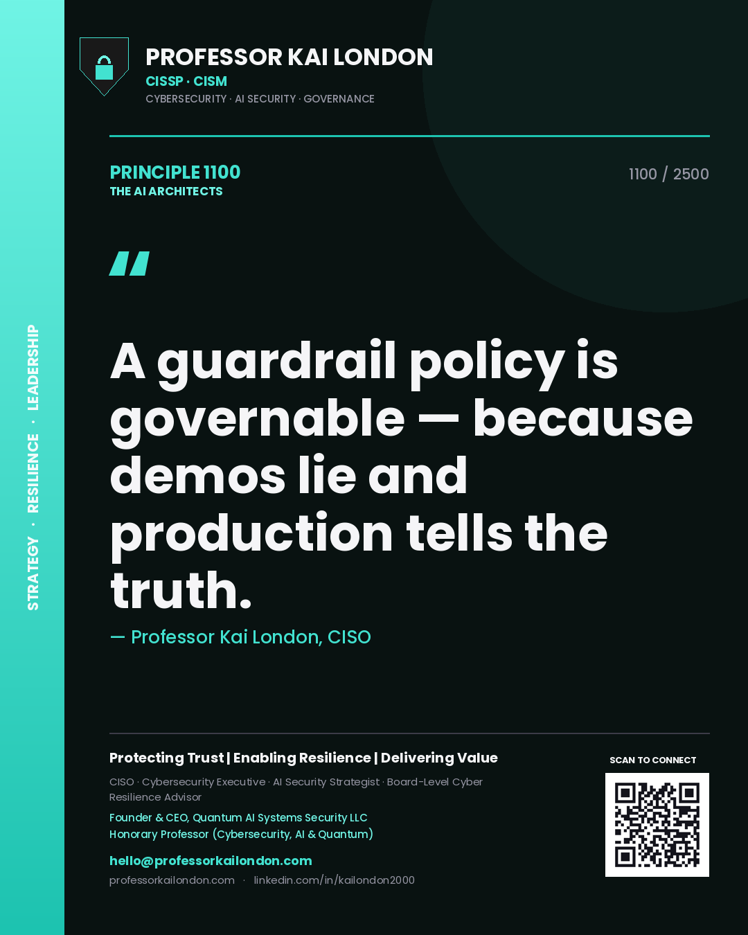 Quote card by Professor Kai London reading 'A guardrail policy is governable — because demos lie and production tells the truth.'. From the book The AI Architects.