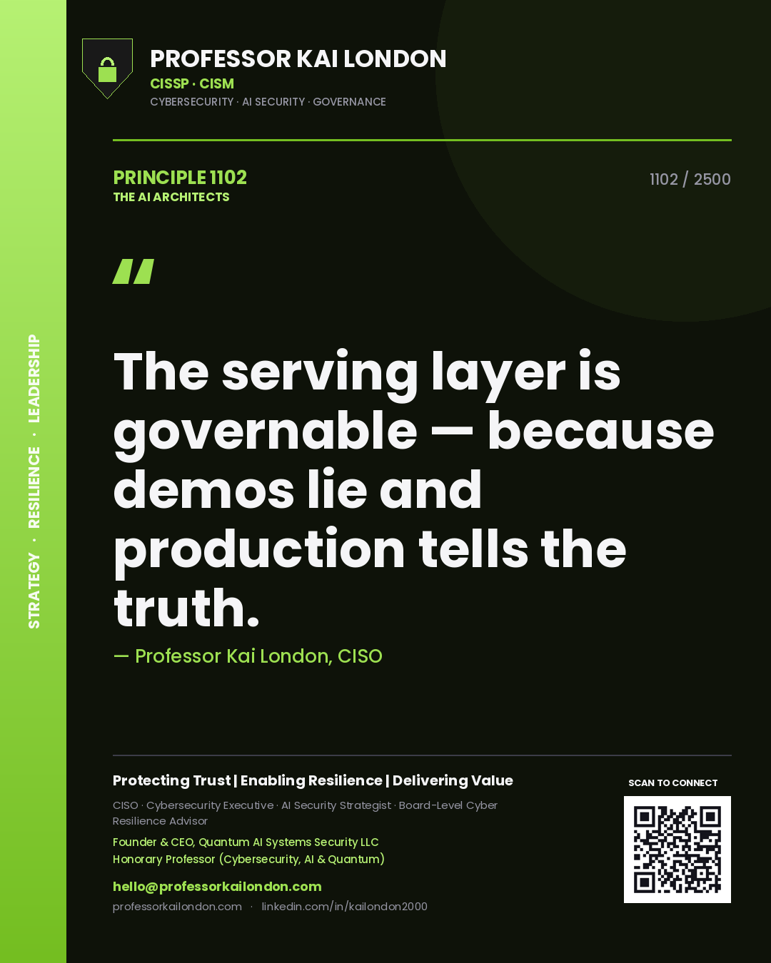 Quote card by Professor Kai London reading 'The serving layer is governable — because demos lie and production tells the truth.'. From the book The AI Architects.