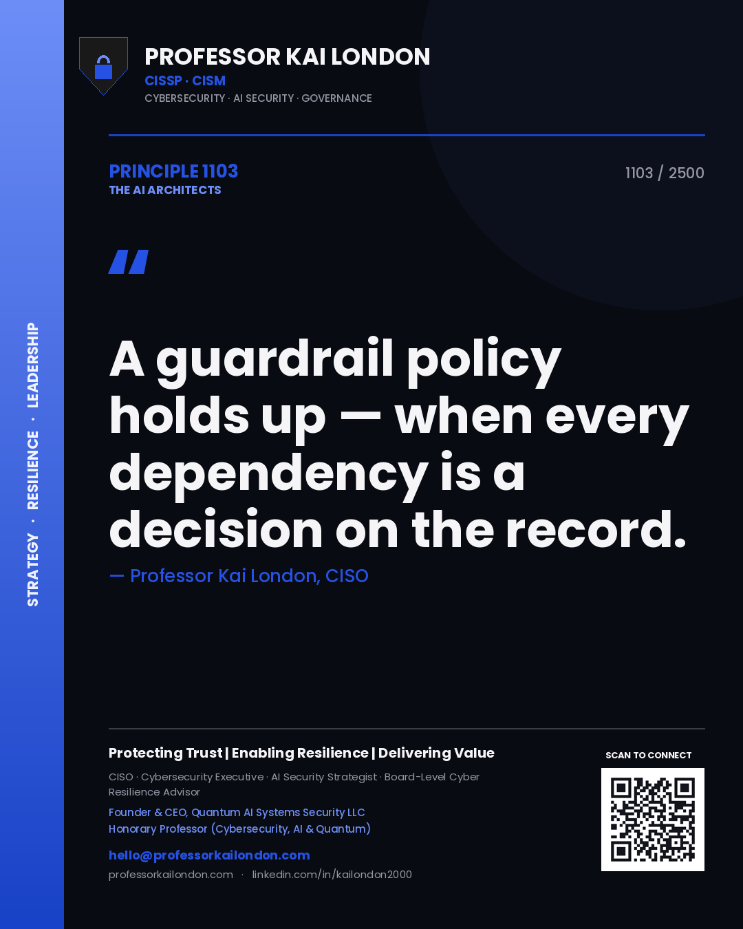 Quote card by Professor Kai London reading 'A guardrail policy holds up — when every dependency is a decision on the record.'. From the book The AI Architects.