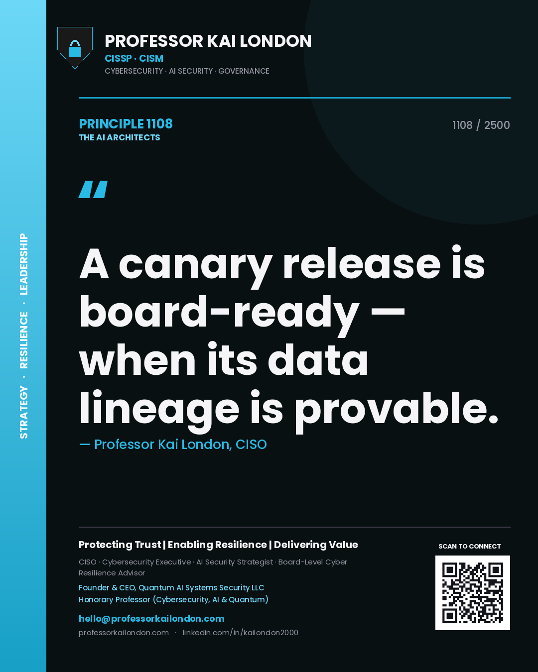 Quote card by Professor Kai London reading 'A canary release is board-ready — when its data lineage is provable.'. From the book The AI Architects.