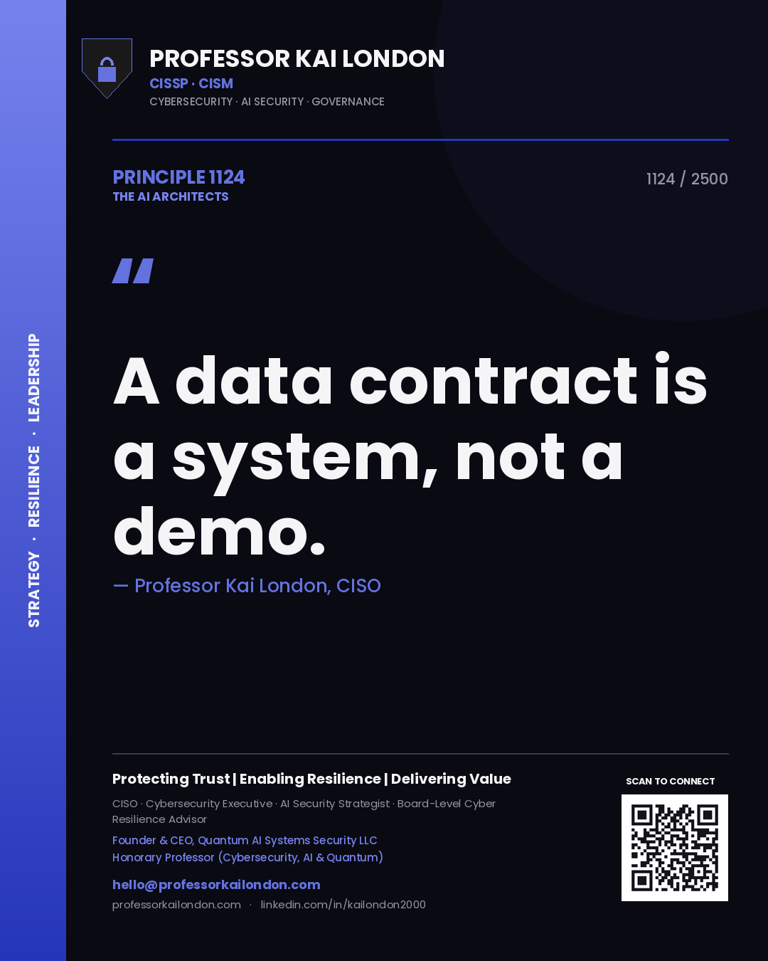 Quote card by Professor Kai London reading 'A data contract is a system, not a demo.'. From the book The AI Architects.