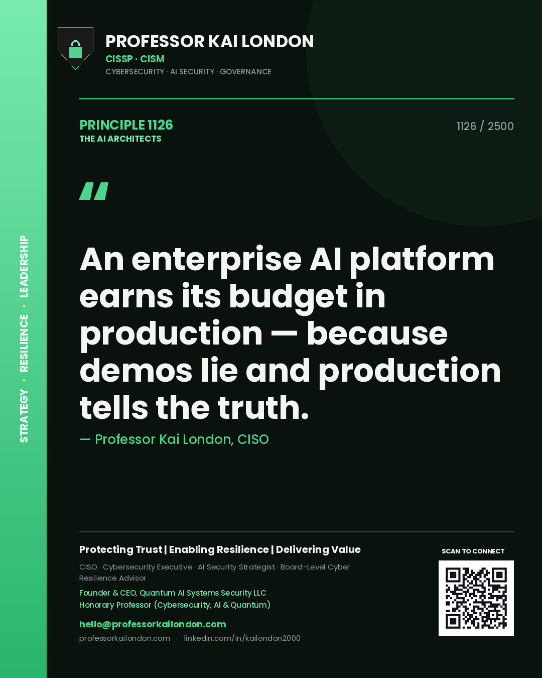 Quote card by Professor Kai London reading 'An enterprise AI platform earns its budget in production — because demos lie and production tells the truth.'. From the book The AI Architects.