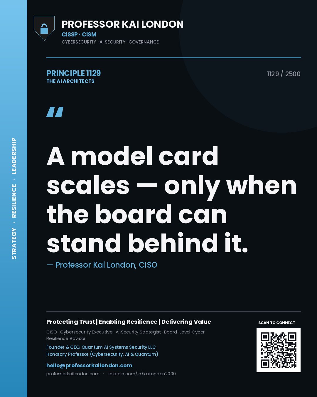 Quote card by Professor Kai London reading 'A model card scales — only when the board can stand behind it.'. From the book The AI Architects.