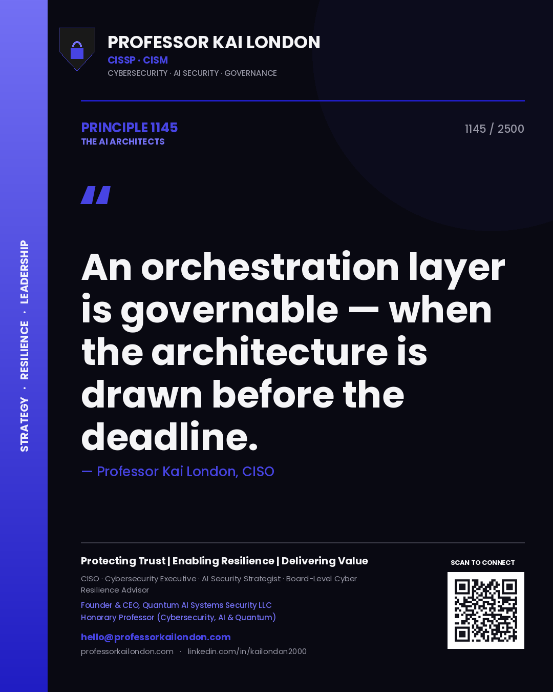 Quote card by Professor Kai London reading 'An orchestration layer is governable — when the architecture is drawn before the deadline.'. From the book The AI Architects.