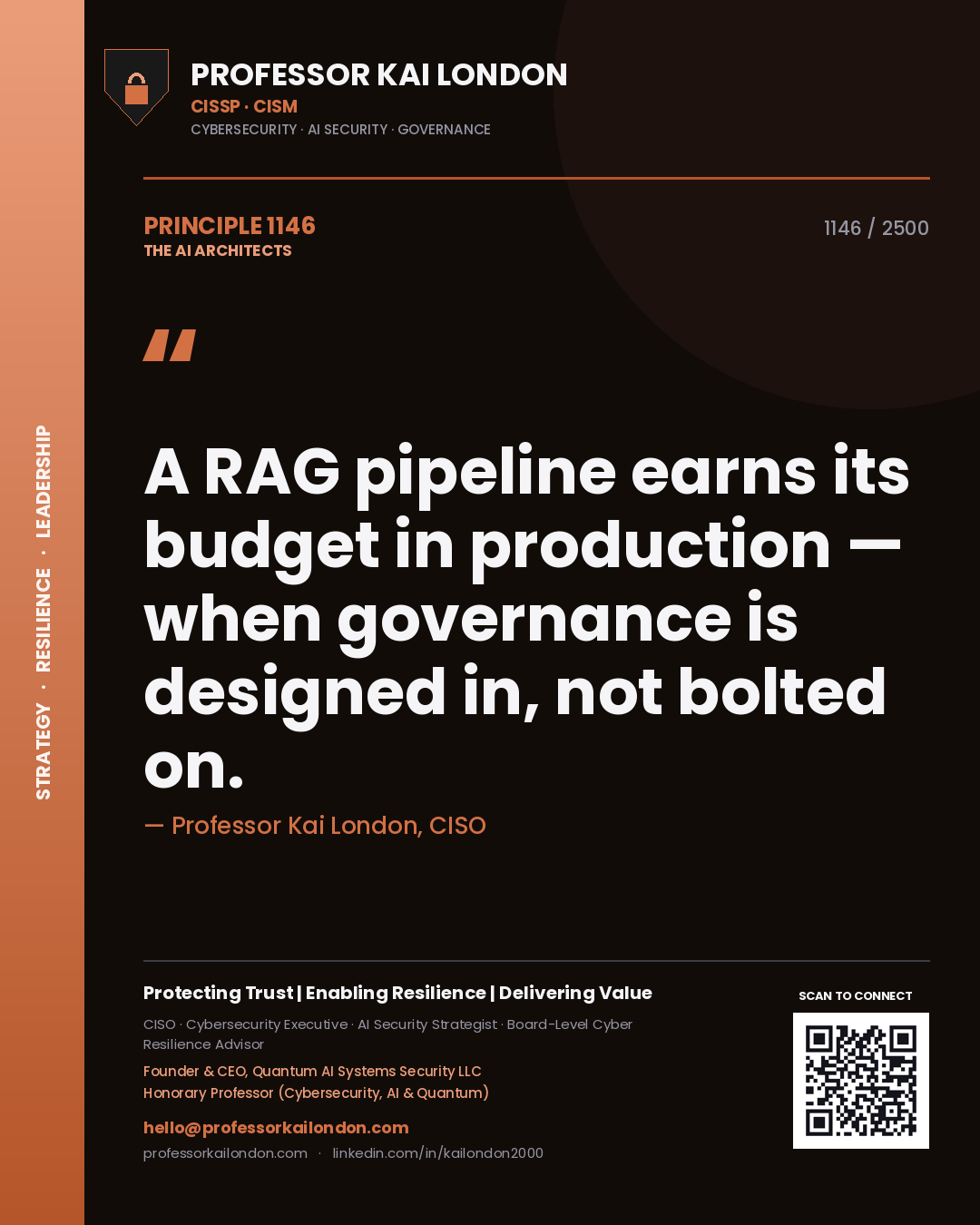 Quote card by Professor Kai London reading 'A RAG pipeline earns its budget in production — when governance is designed in, not bolted on.'. From the book The AI Architects.