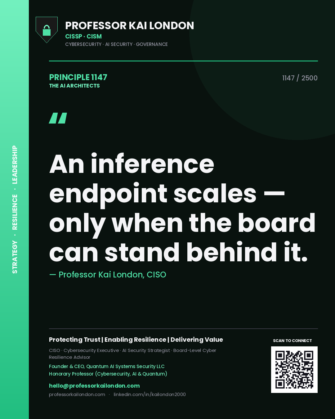 Quote card by Professor Kai London reading 'An inference endpoint scales — only when the board can stand behind it.'. From the book The AI Architects.