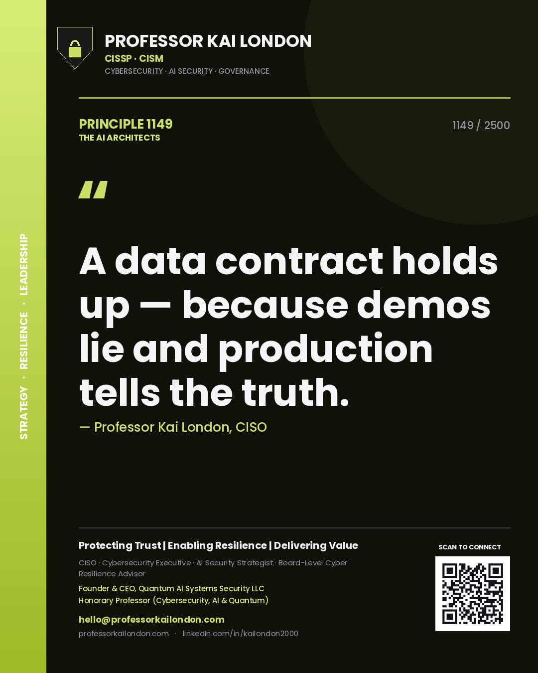Quote card by Professor Kai London reading 'A data contract holds up — because demos lie and production tells the truth.'. From the book The AI Architects.