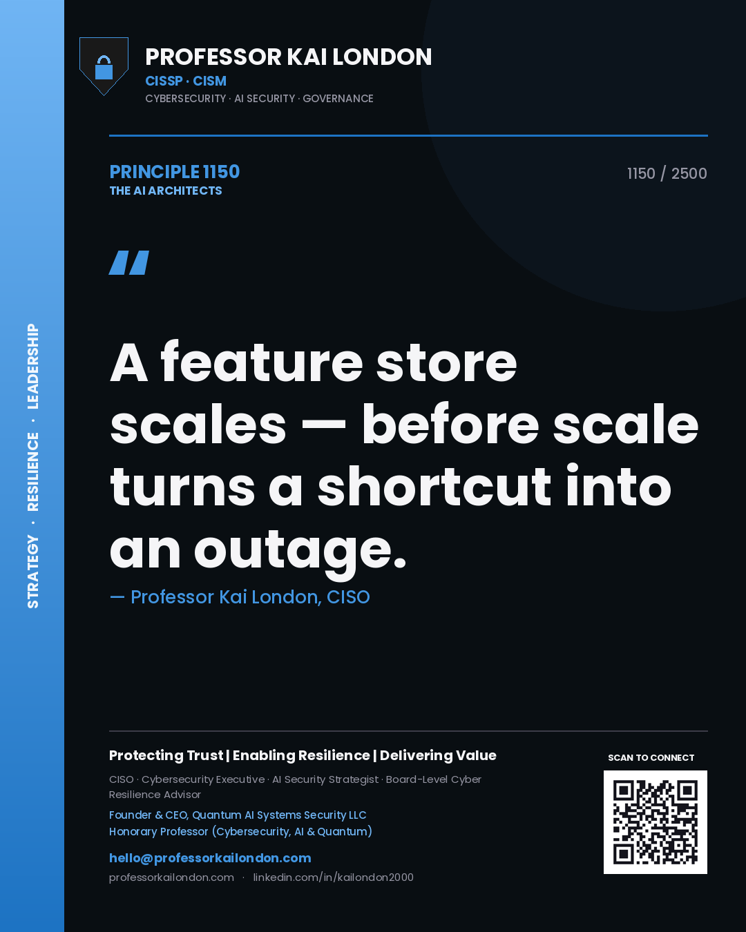 Quote card by Professor Kai London reading 'A feature store scales — before scale turns a shortcut into an outage.'. From the book The AI Architects.