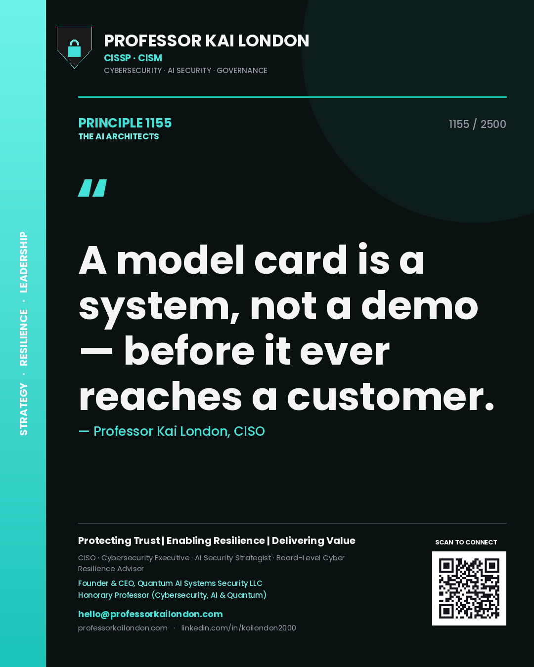 Quote card by Professor Kai London reading 'A model card is a system, not a demo — before it ever reaches a customer.'. From the book The AI Architects.