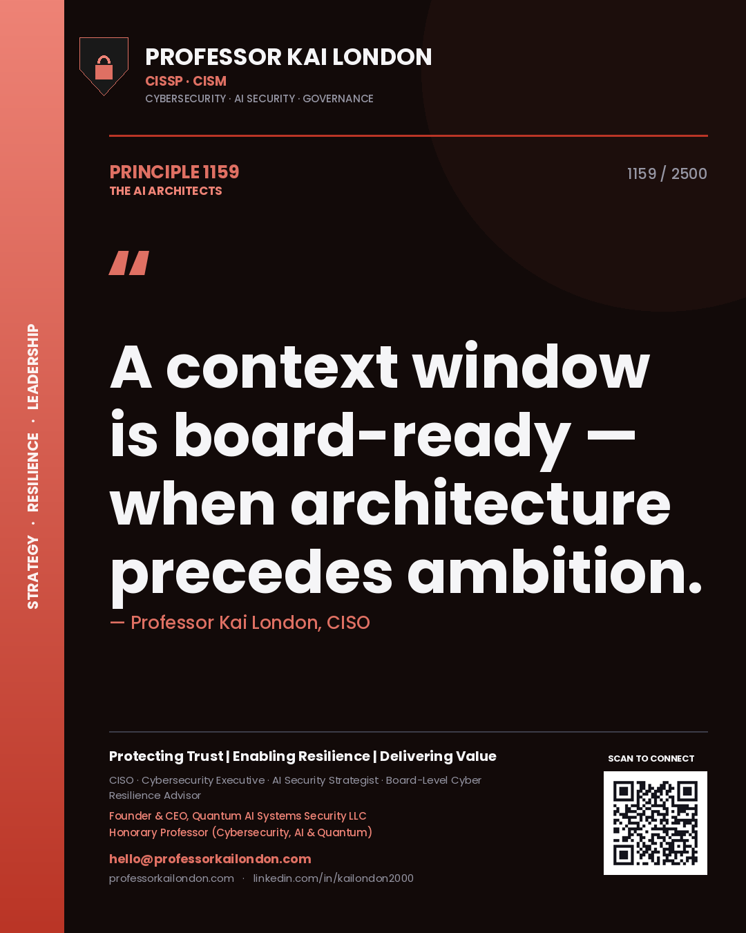 Quote card by Professor Kai London reading 'A context window is board-ready — when architecture precedes ambition.'. From the book The AI Architects.