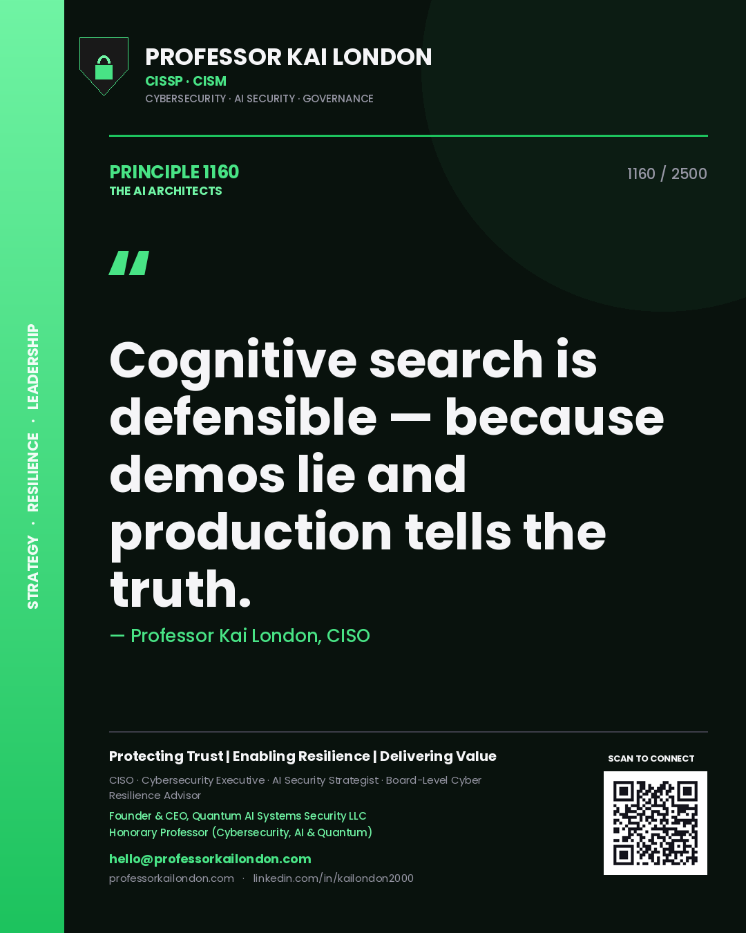 Quote card by Professor Kai London reading 'Cognitive search is defensible — because demos lie and production tells the truth.'. From the book The AI Architects.