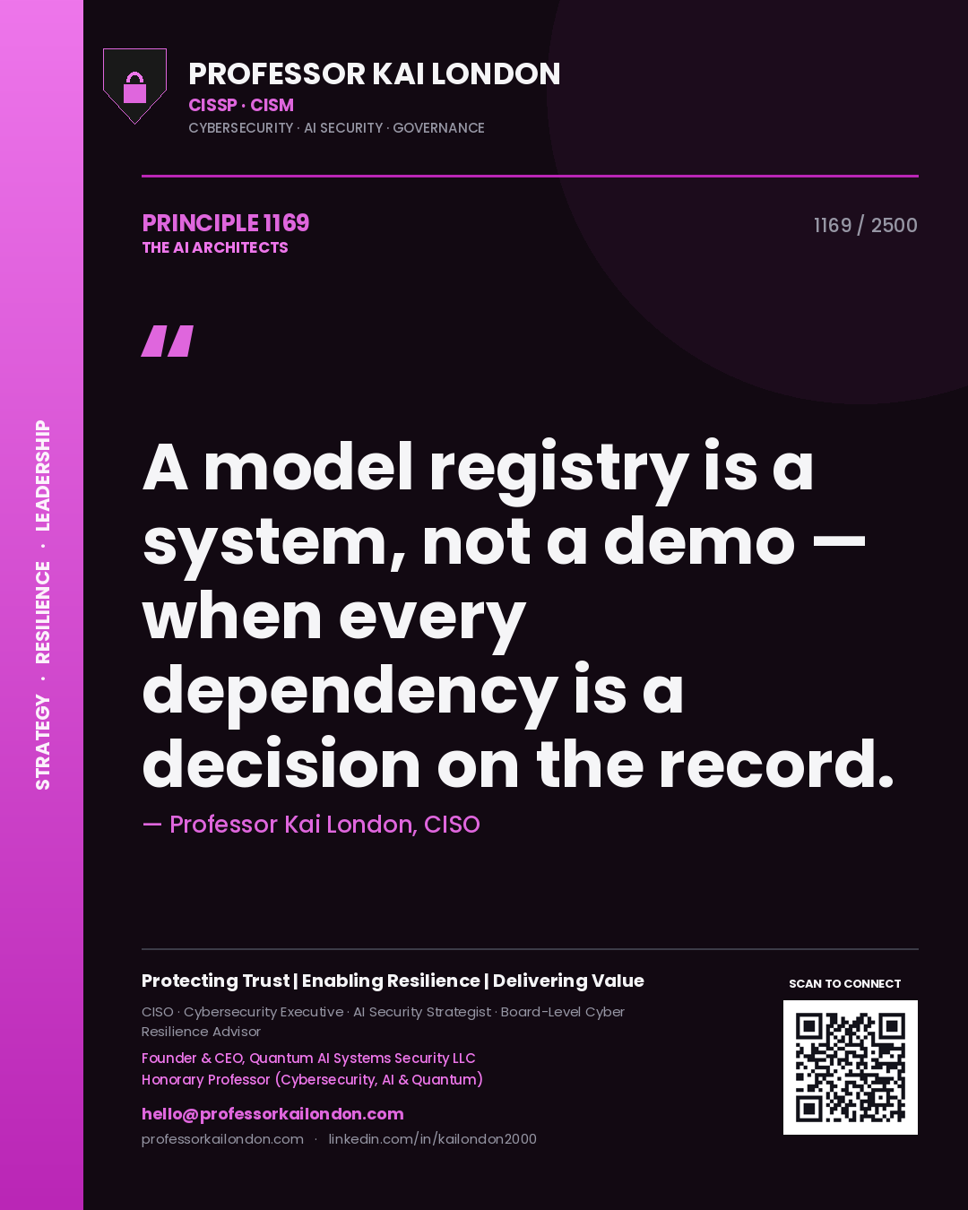 Quote card by Professor Kai London reading 'A model registry is a system, not a demo — when every dependency is a decision on the record.'. From the book The AI Architects.