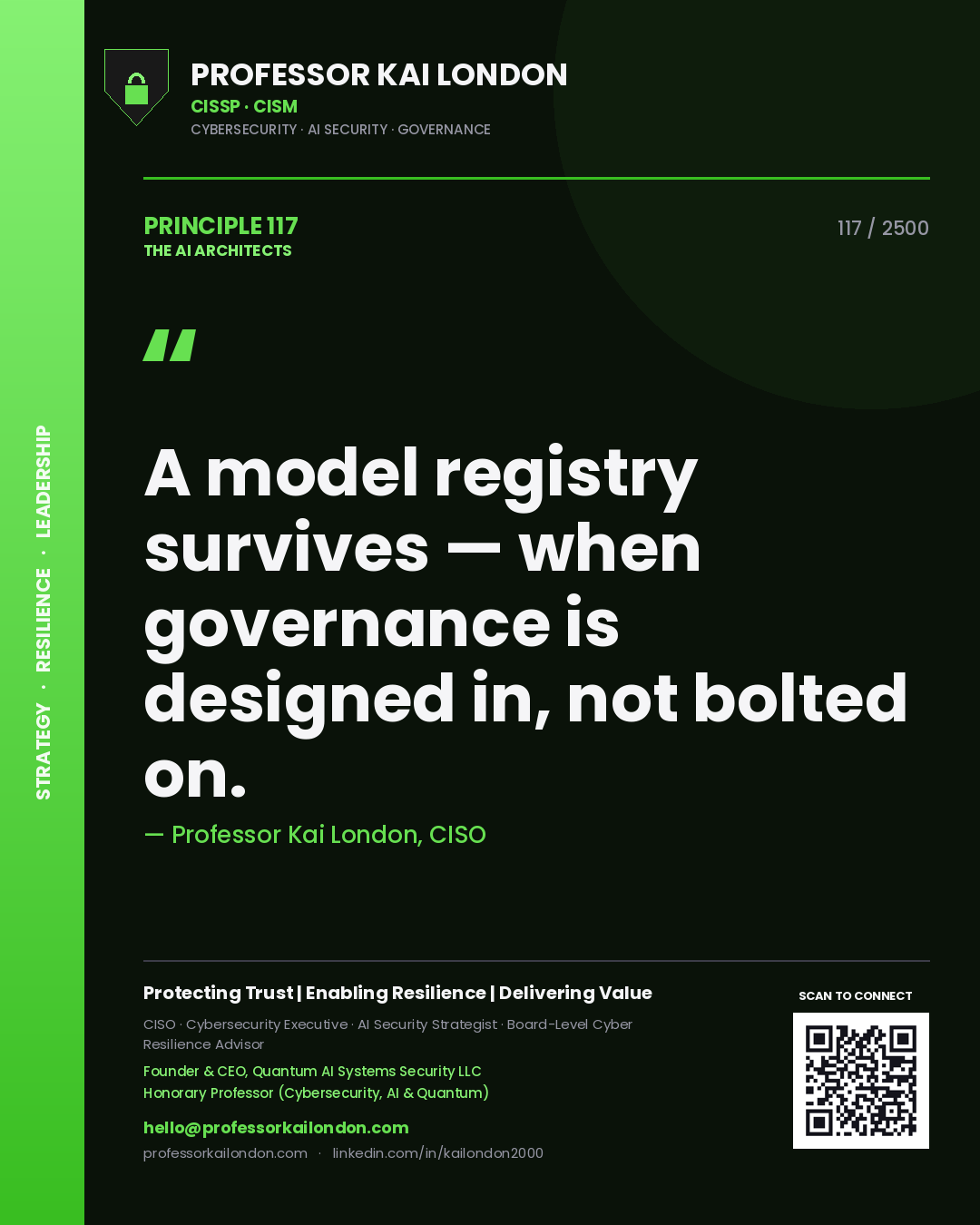 Quote card by Professor Kai London reading 'A model registry survives — when governance is designed in, not bolted on.'. From the book The AI Architects.