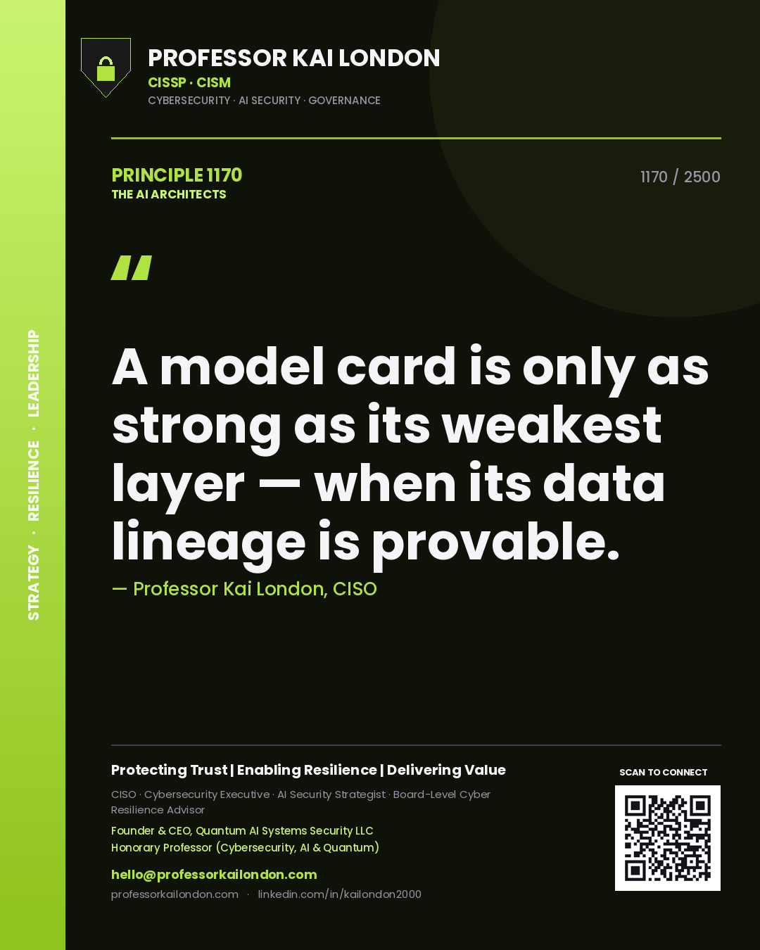 Quote card by Professor Kai London reading 'A model card is only as strong as its weakest layer — when its data lineage is provable.'. From the book The AI Architects.