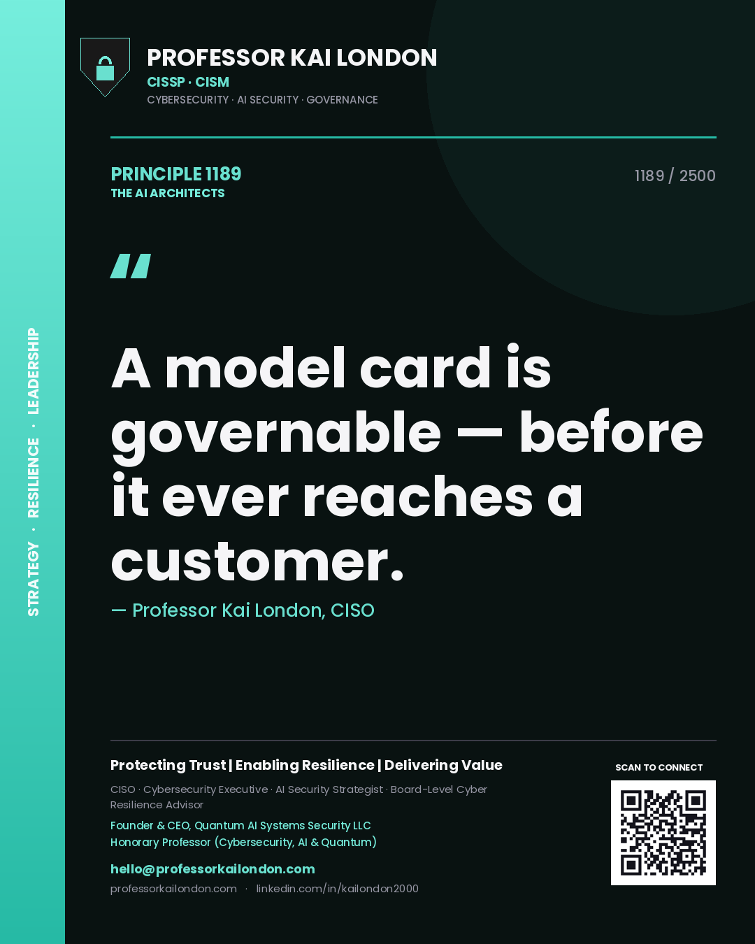 Quote card by Professor Kai London reading 'A model card is governable — before it ever reaches a customer.'. From the book The AI Architects.