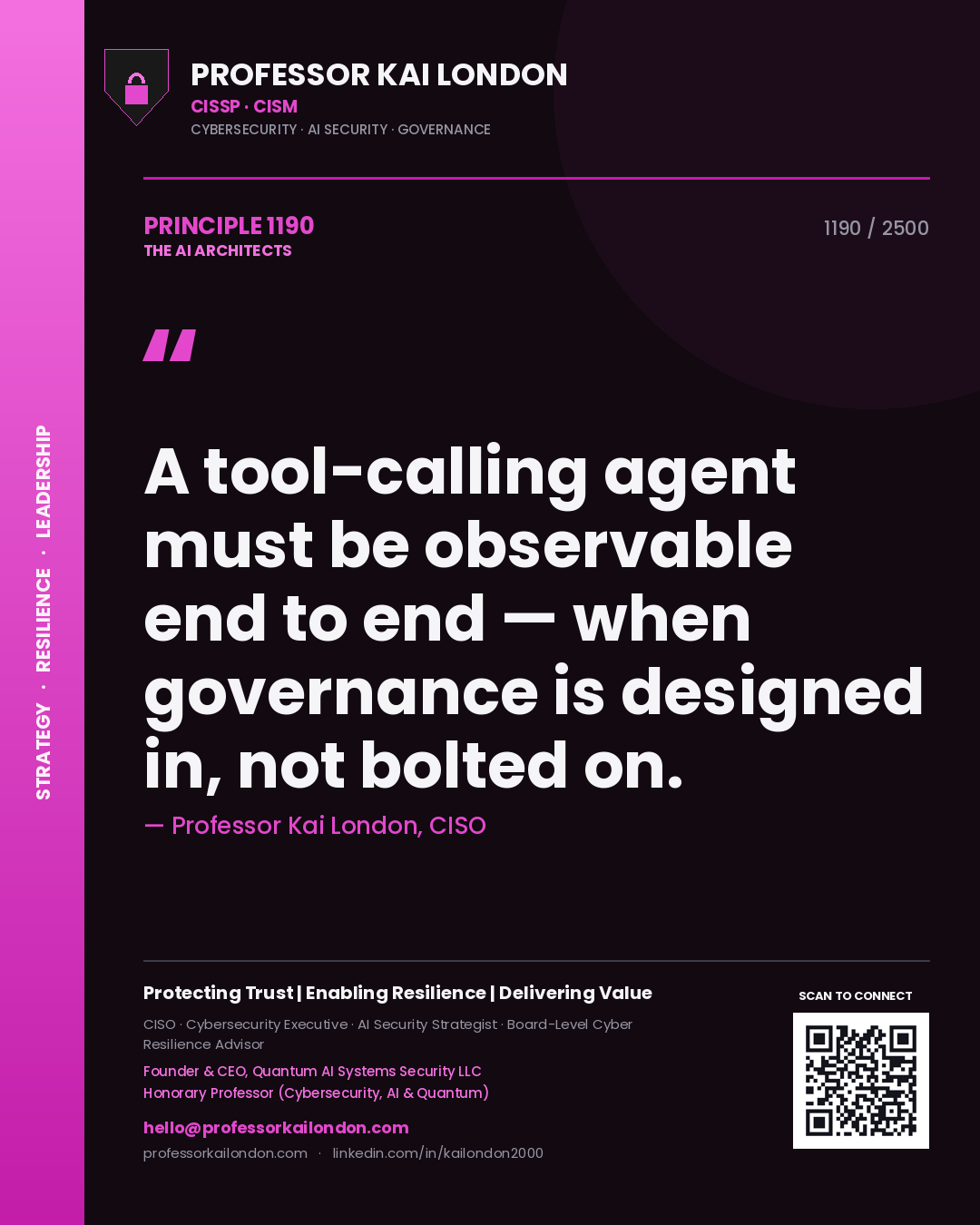 Quote card by Professor Kai London reading 'A tool-calling agent must be observable end to end — when governance is designed in, not bolted on.'. From the book The AI Architects.