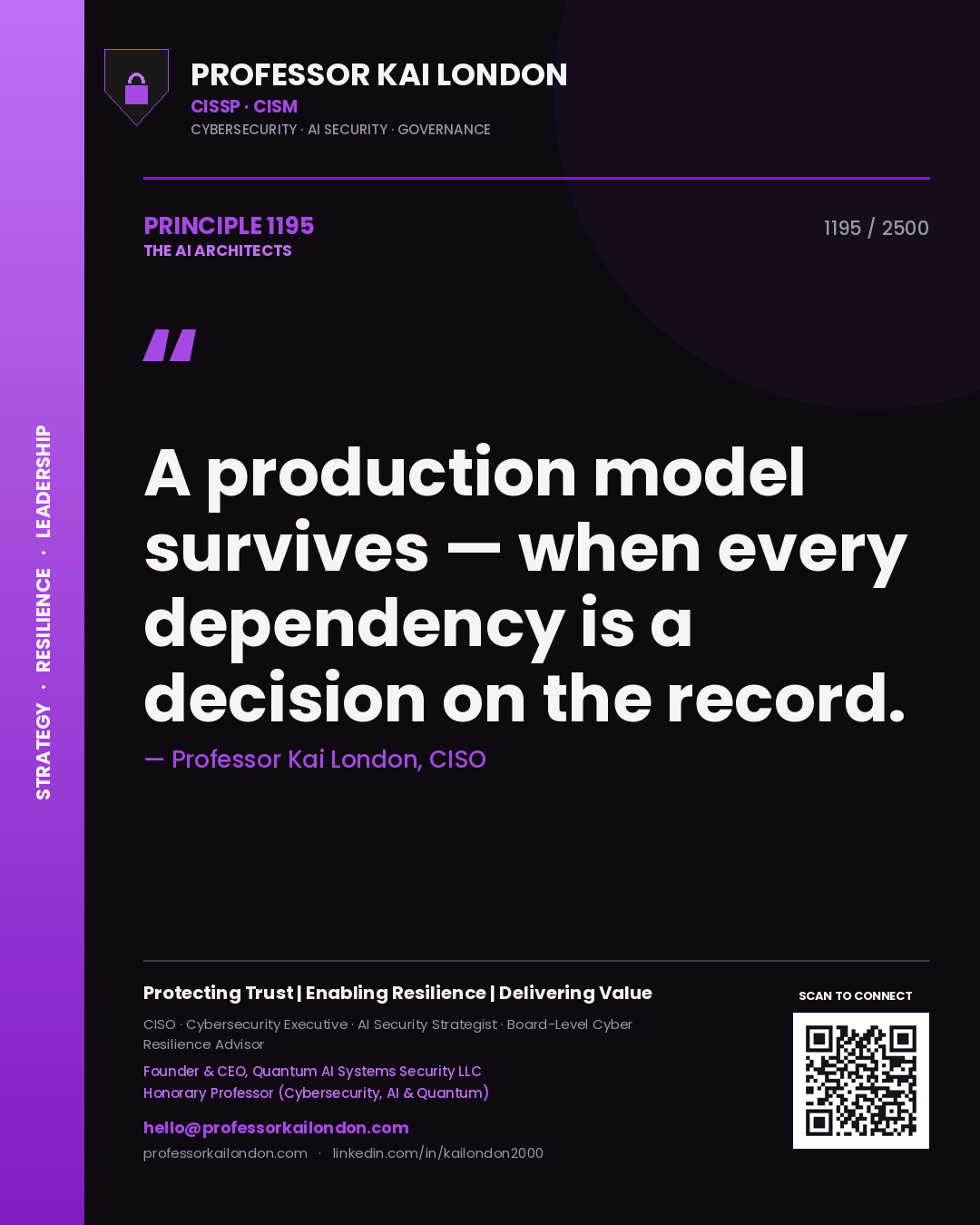 Quote card by Professor Kai London reading 'A production model survives — when every dependency is a decision on the record.'. From the book The AI Architects.