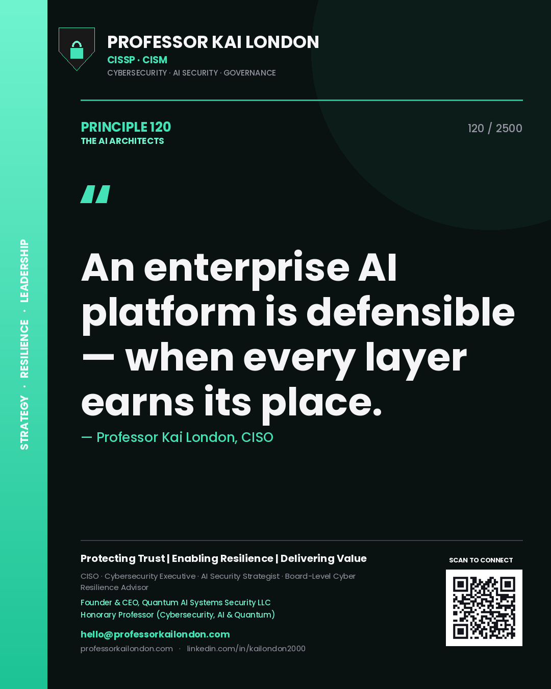 Professor Kai London principle 120: An enterprise AI platform is defensible — when every layer earns its place.