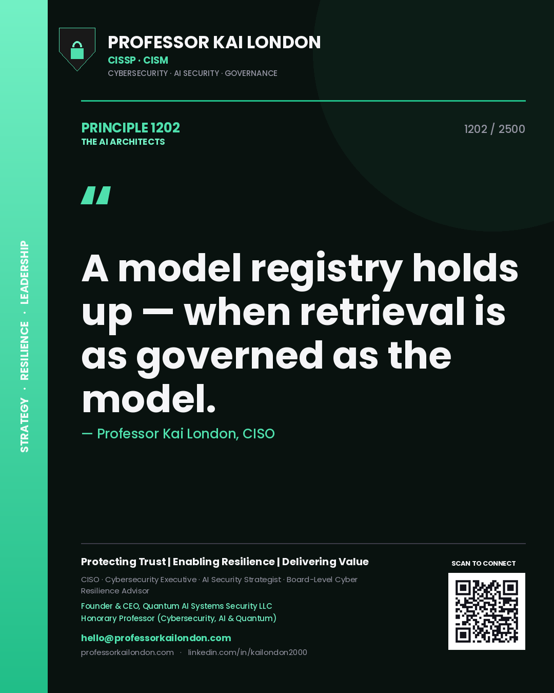 Quote card by Professor Kai London reading 'A model registry holds up — when retrieval is as governed as the model.'. From the book The AI Architects.