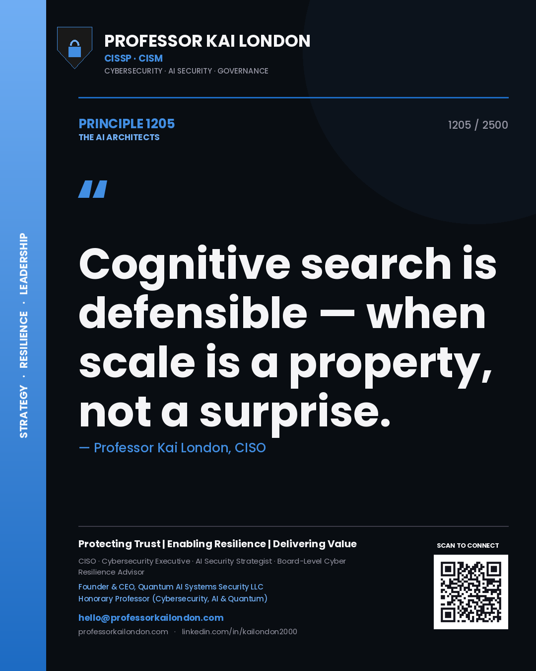 Quote card by Professor Kai London reading 'Cognitive search is defensible — when scale is a property, not a surprise.'. From the book The AI Architects.