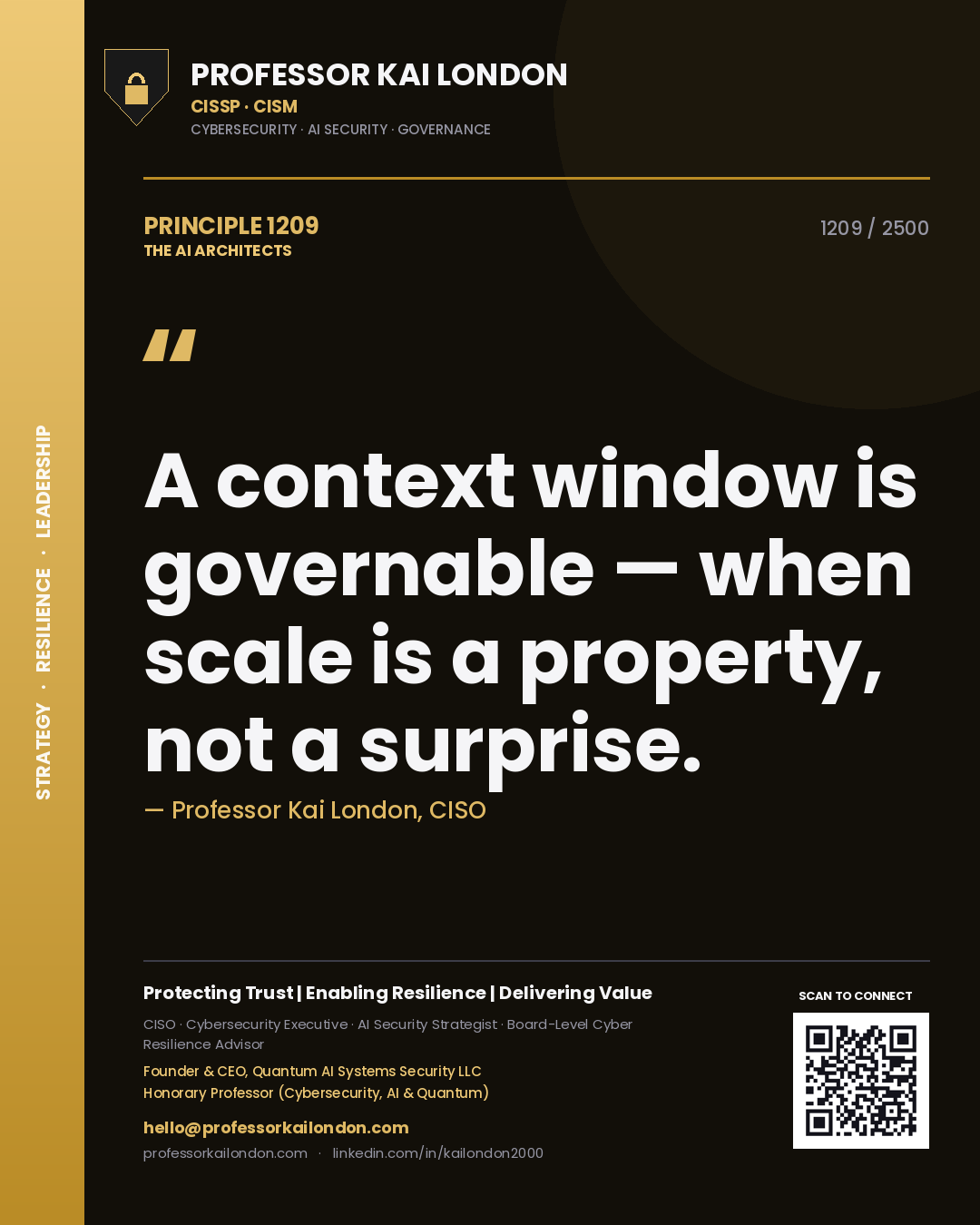 Quote card by Professor Kai London reading 'A context window is governable — when scale is a property, not a surprise.'. From the book The AI Architects.
