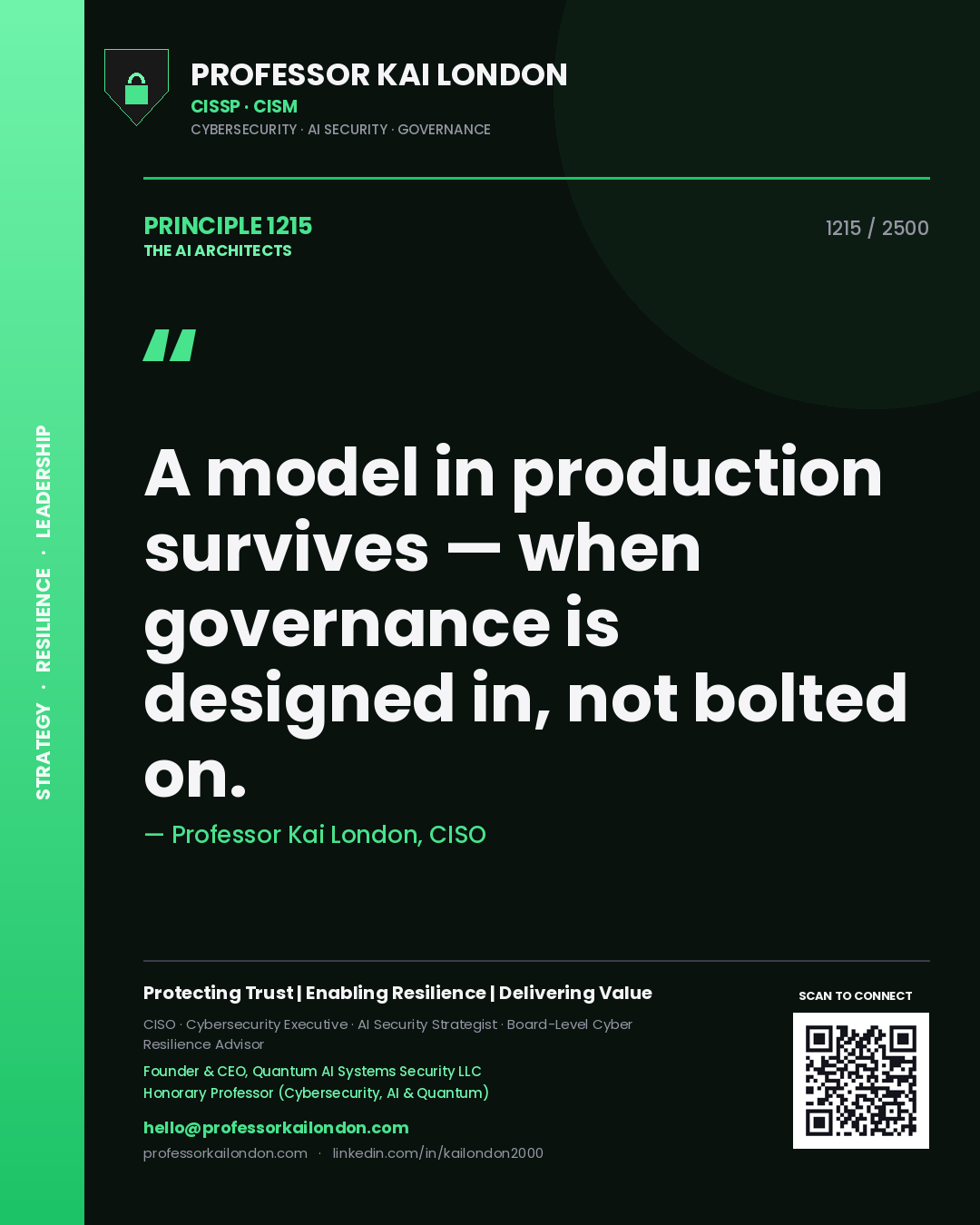 Quote card by Professor Kai London reading 'A model in production survives — when governance is designed in, not bolted on.'. From the book The AI Architects.
