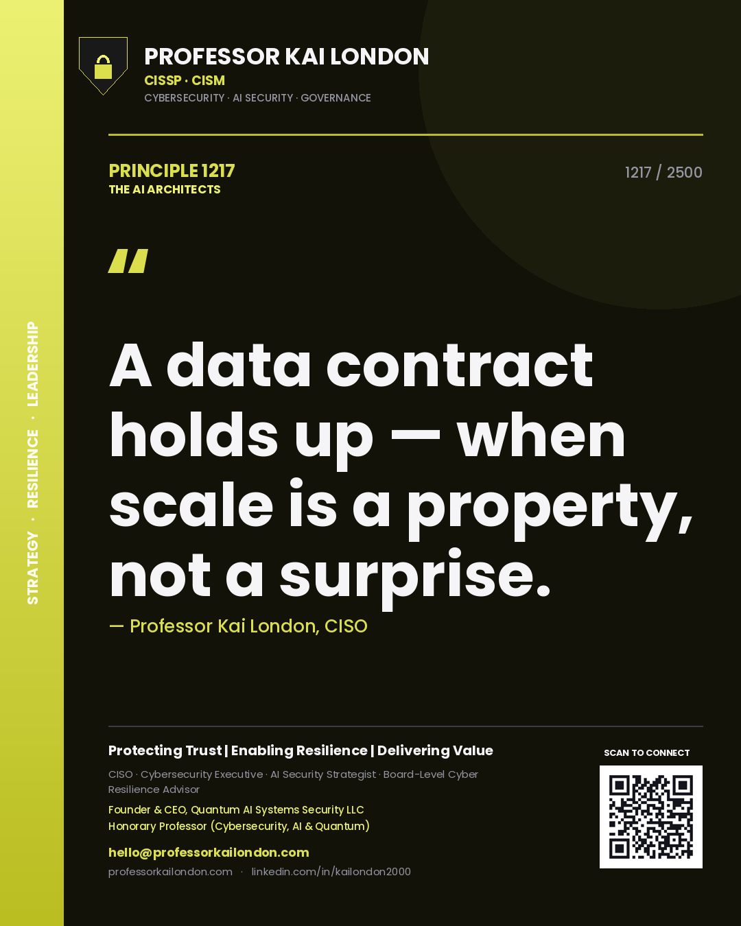 Quote card by Professor Kai London reading 'A data contract holds up — when scale is a property, not a surprise.'. From the book The AI Architects.