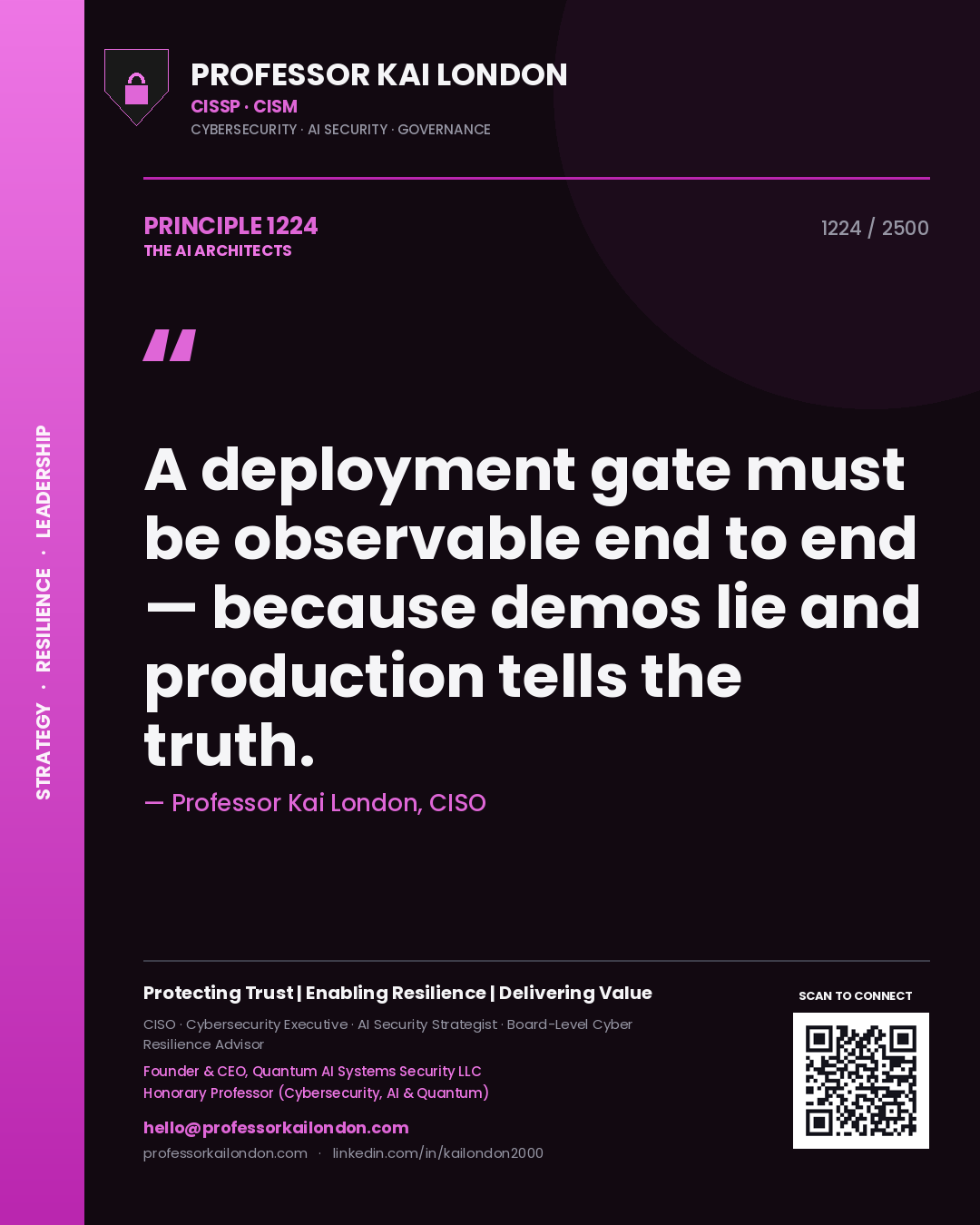 Quote card by Professor Kai London reading 'A deployment gate must be observable end to end — because demos lie and production tells the truth.'. From the book The AI Architects.