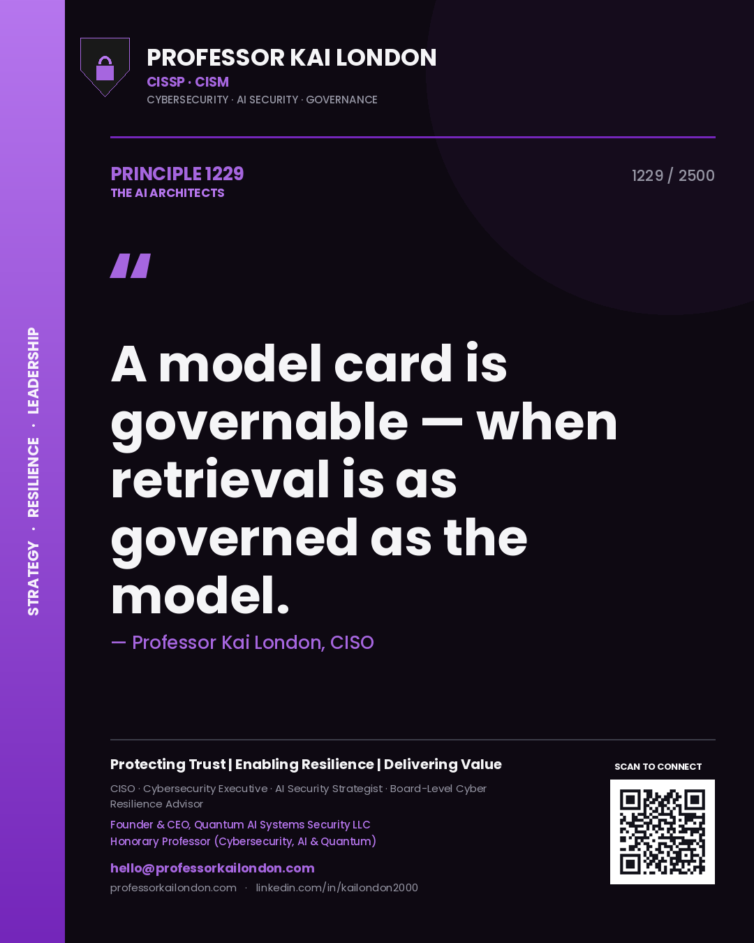 Quote card by Professor Kai London reading 'A model card is governable — when retrieval is as governed as the model.'. From the book The AI Architects.