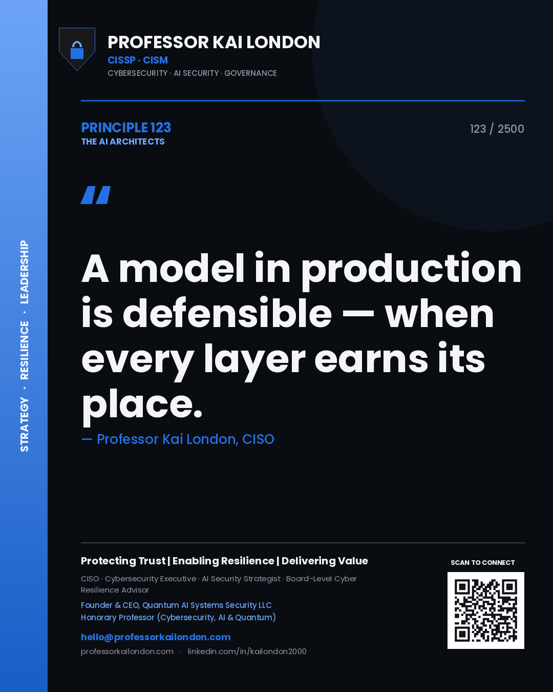 Quote card by Professor Kai London reading 'A model in production is defensible — when every layer earns its place.'. From the book The AI Architects.