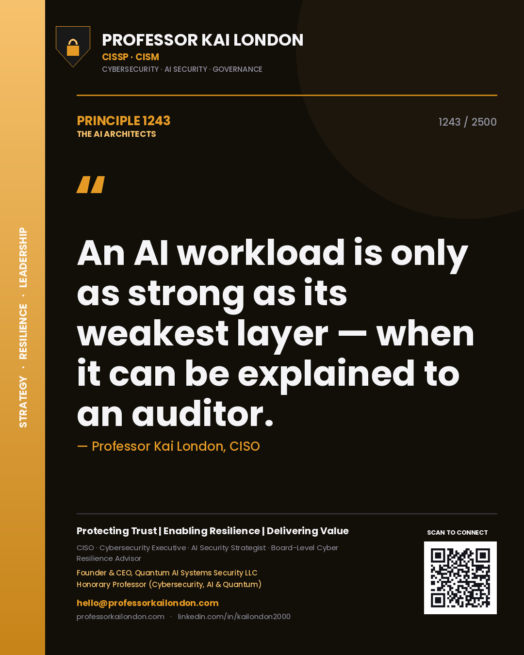 Quote card by Professor Kai London reading 'An AI workload is only as strong as its weakest layer — when it can be explained to an auditor.'. From the book The AI Architects.