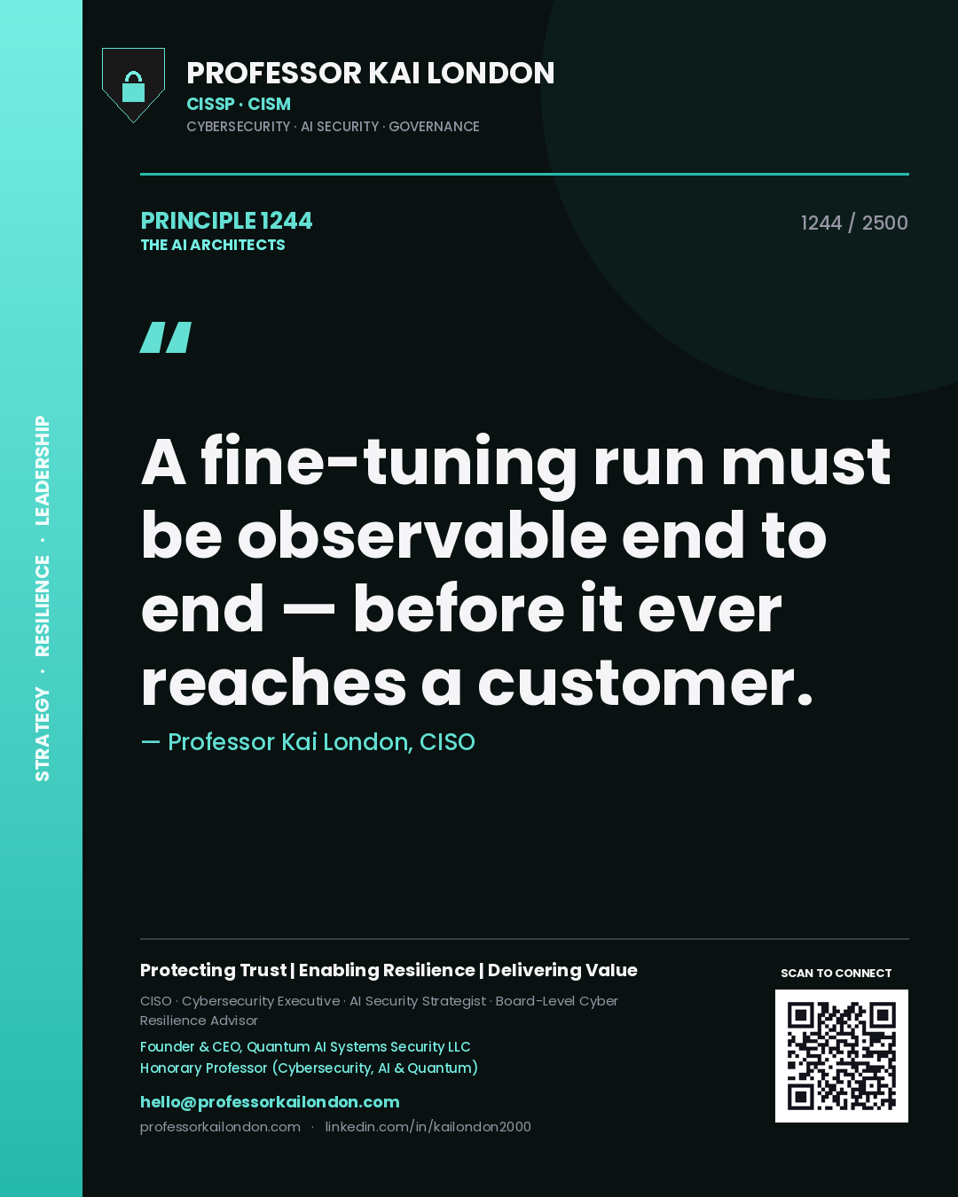 Quote card by Professor Kai London reading 'A fine-tuning run must be observable end to end — before it ever reaches a customer.'. From the book The AI Architects.