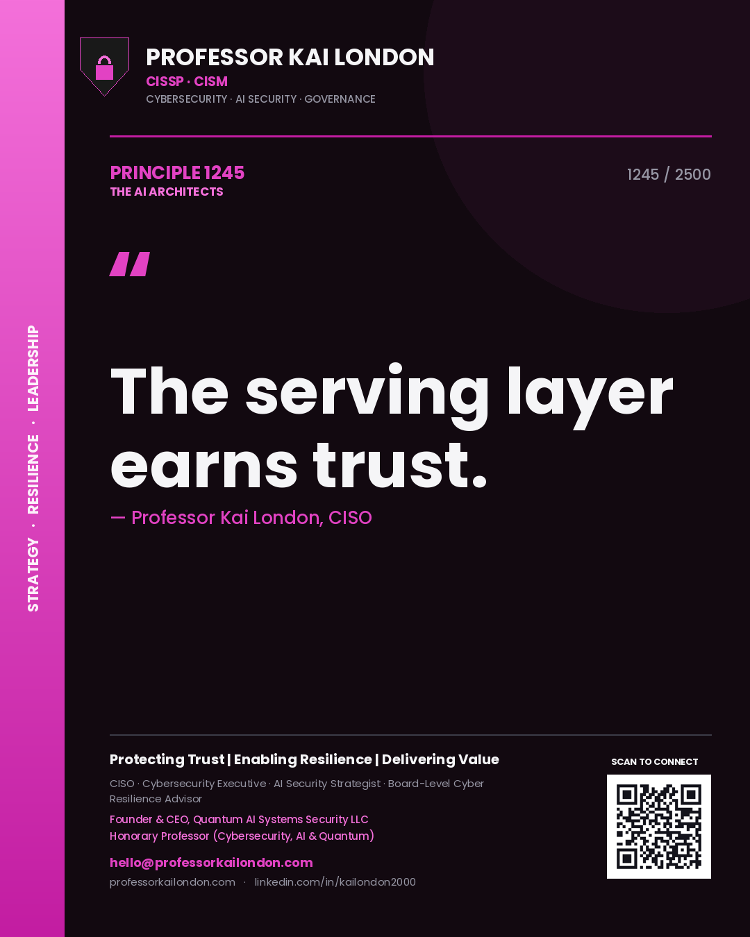 Quote card by Professor Kai London reading 'The serving layer earns trust.'. From the book The AI Architects.