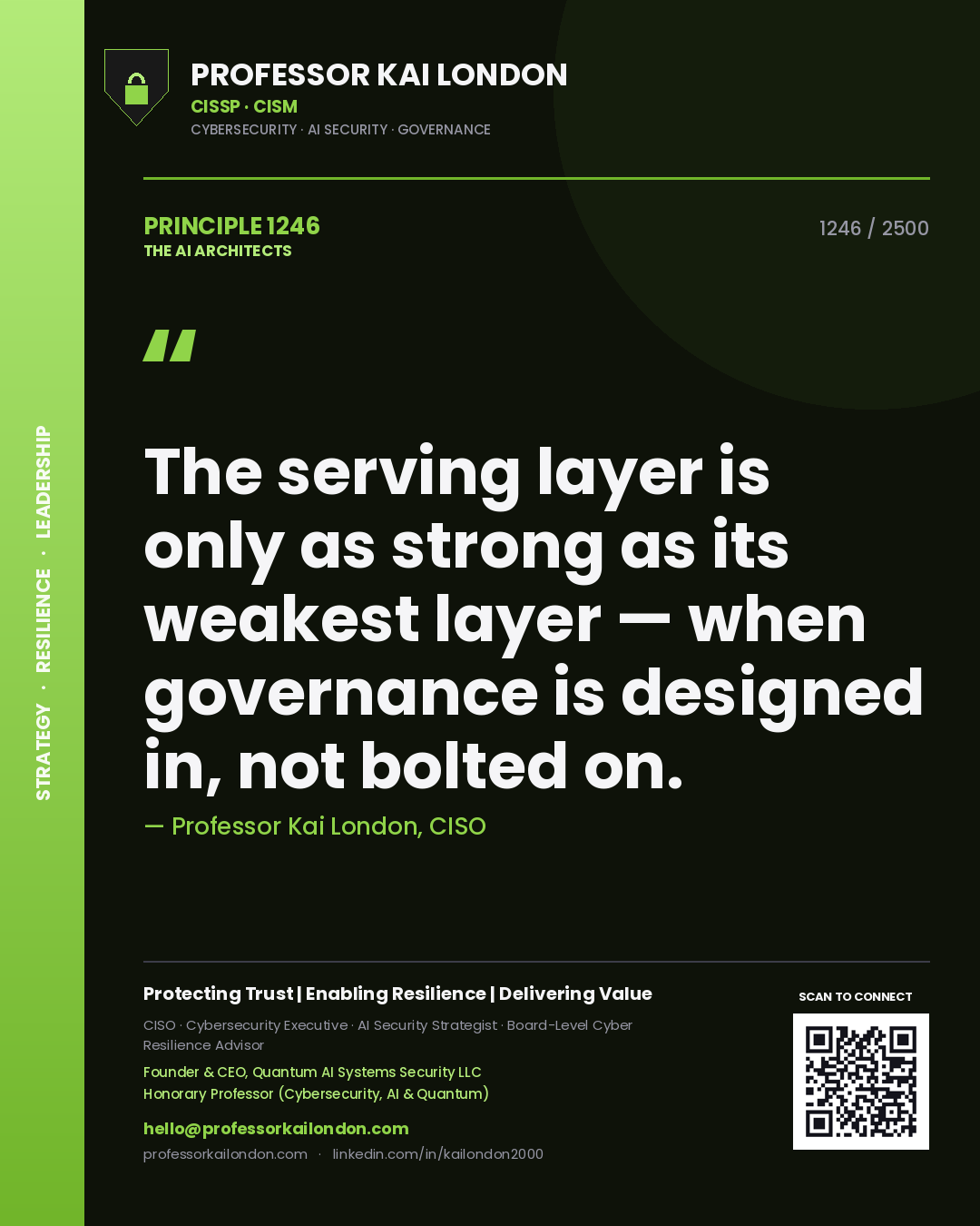 Quote card by Professor Kai London reading 'The serving layer is only as strong as its weakest layer — when governance is designed in, not bolted on.'. From the book The AI Architects.