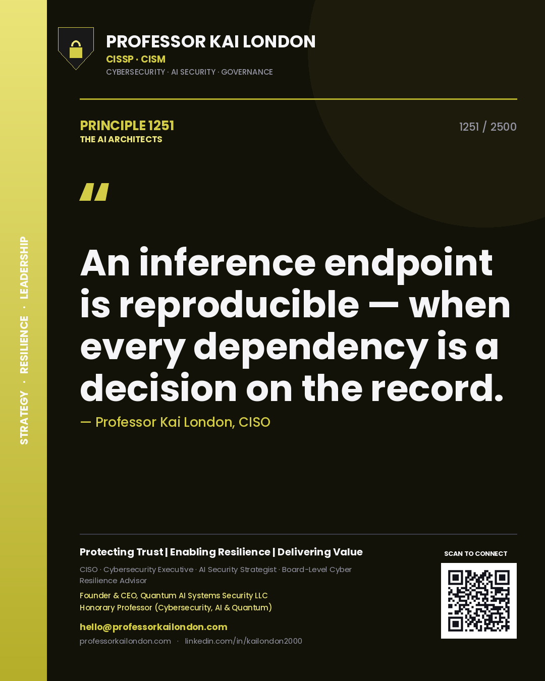 Quote card by Professor Kai London reading 'An inference endpoint is reproducible — when every dependency is a decision on the record.'. From the book The AI Architects.