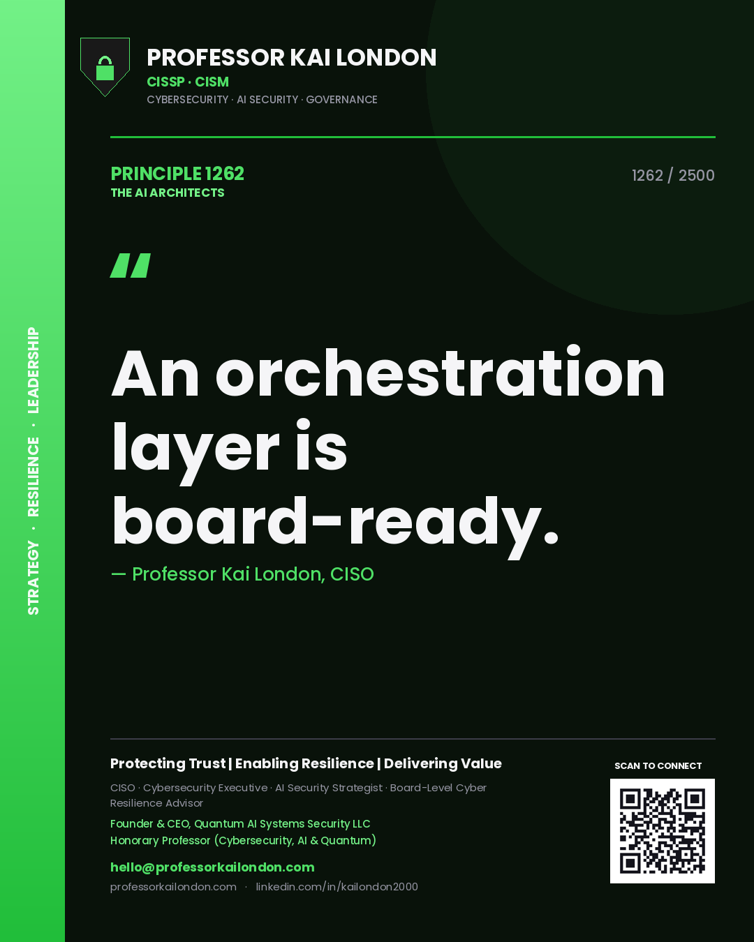 Quote card by Professor Kai London reading 'An orchestration layer is board-ready.'. From the book The AI Architects.