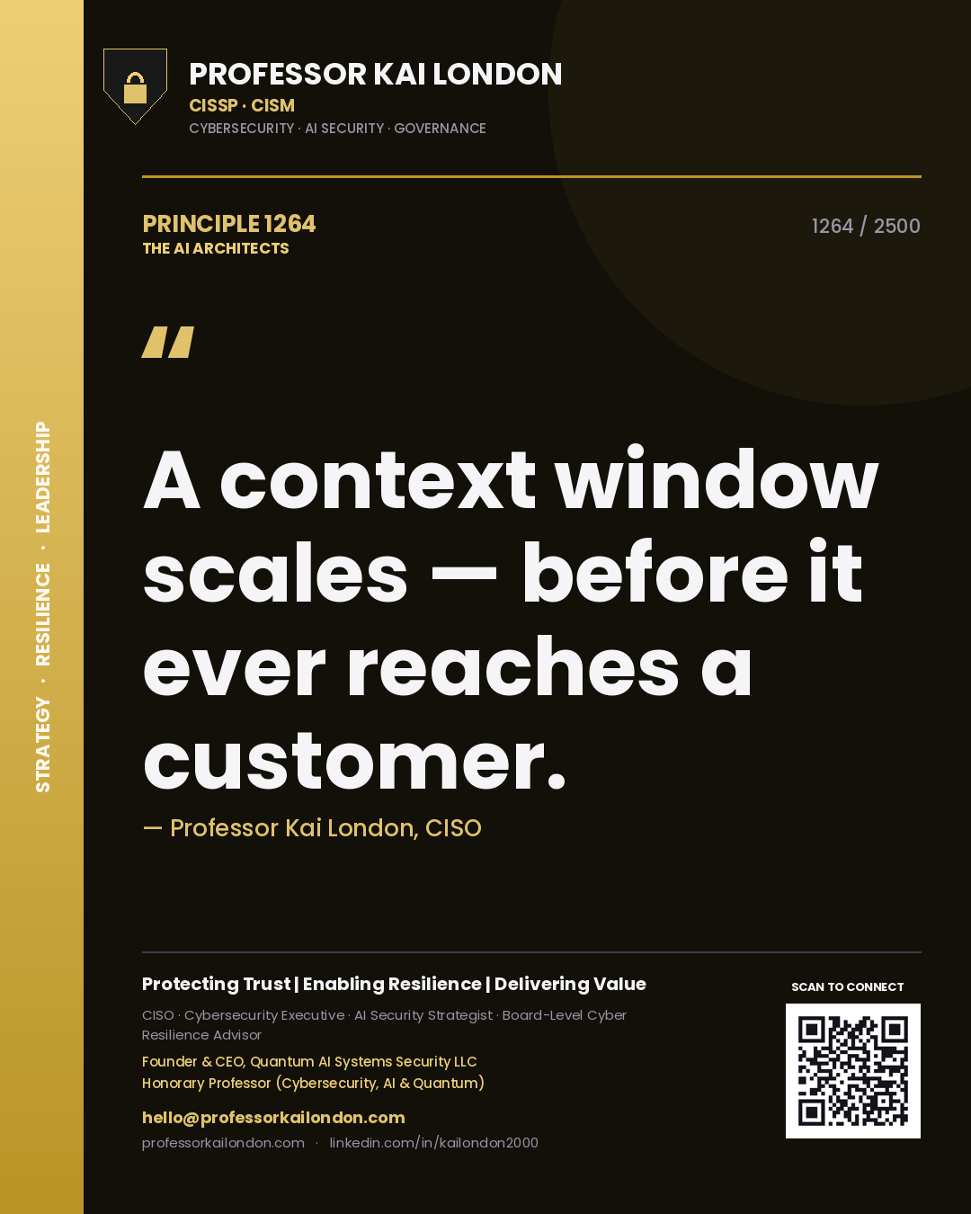 Quote card by Professor Kai London reading 'A context window scales — before it ever reaches a customer.'. From the book The AI Architects.