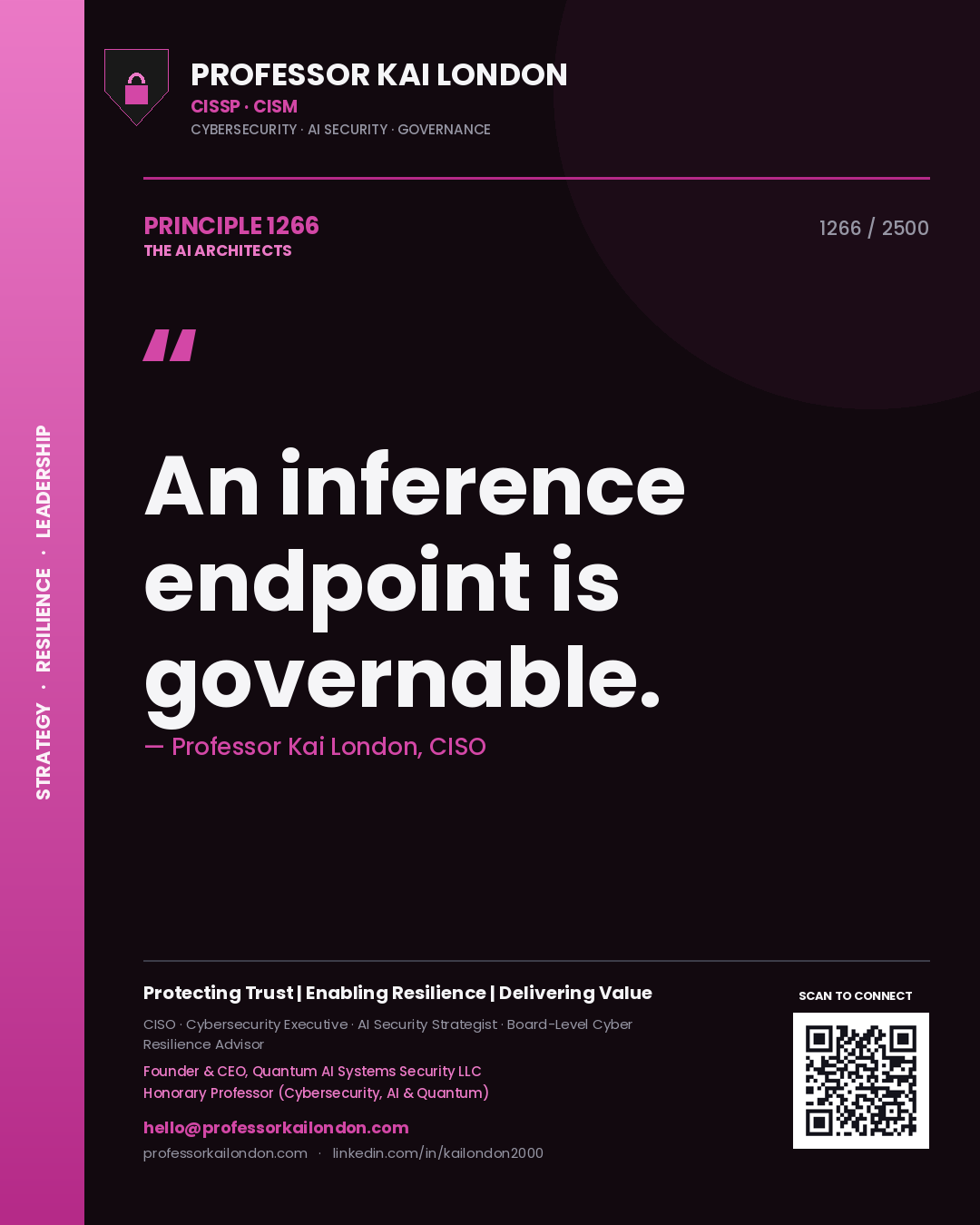 Quote card by Professor Kai London reading 'An inference endpoint is governable.'. From the book The AI Architects.