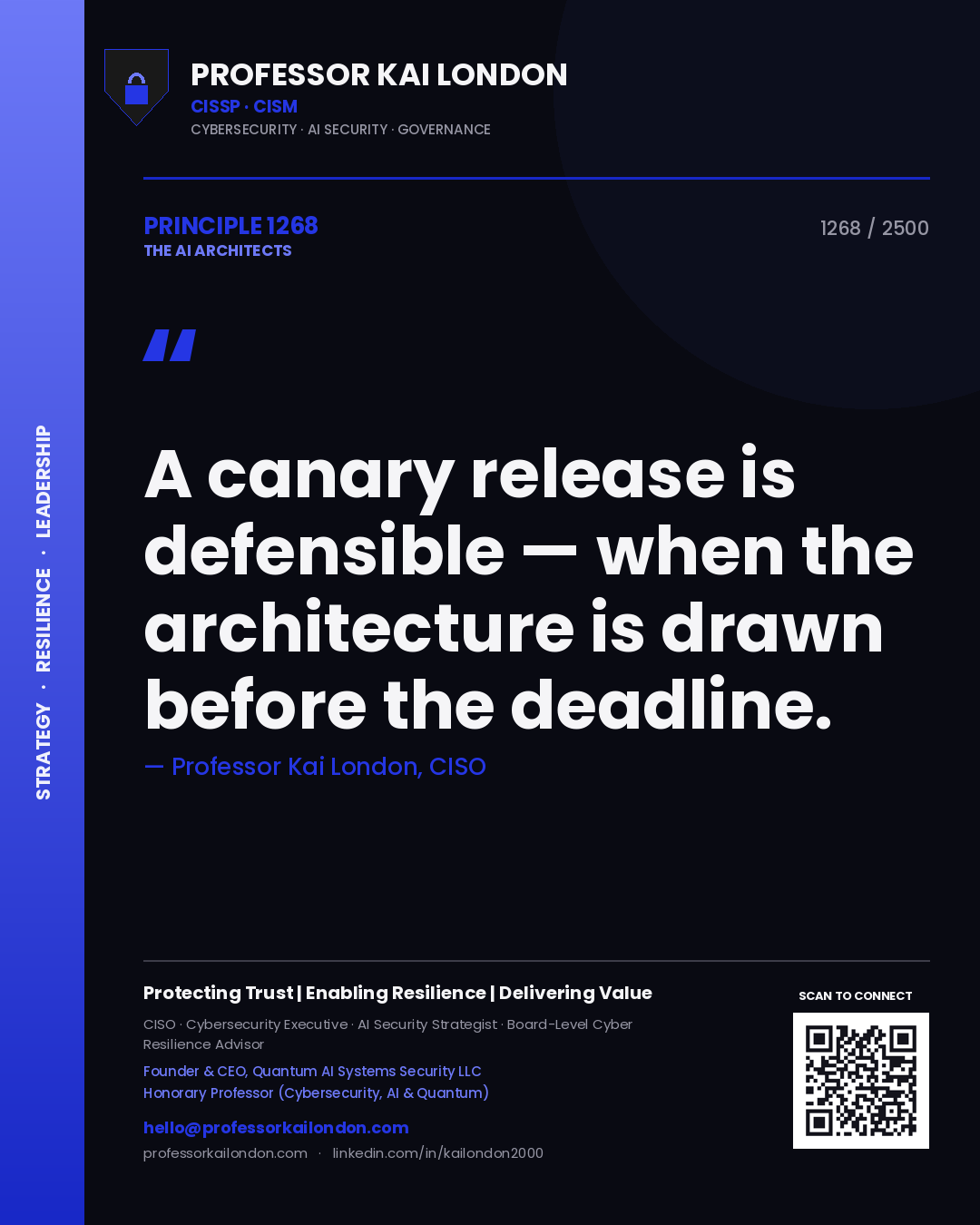 Quote card by Professor Kai London reading 'A canary release is defensible — when the architecture is drawn before the deadline.'. From the book The AI Architects.