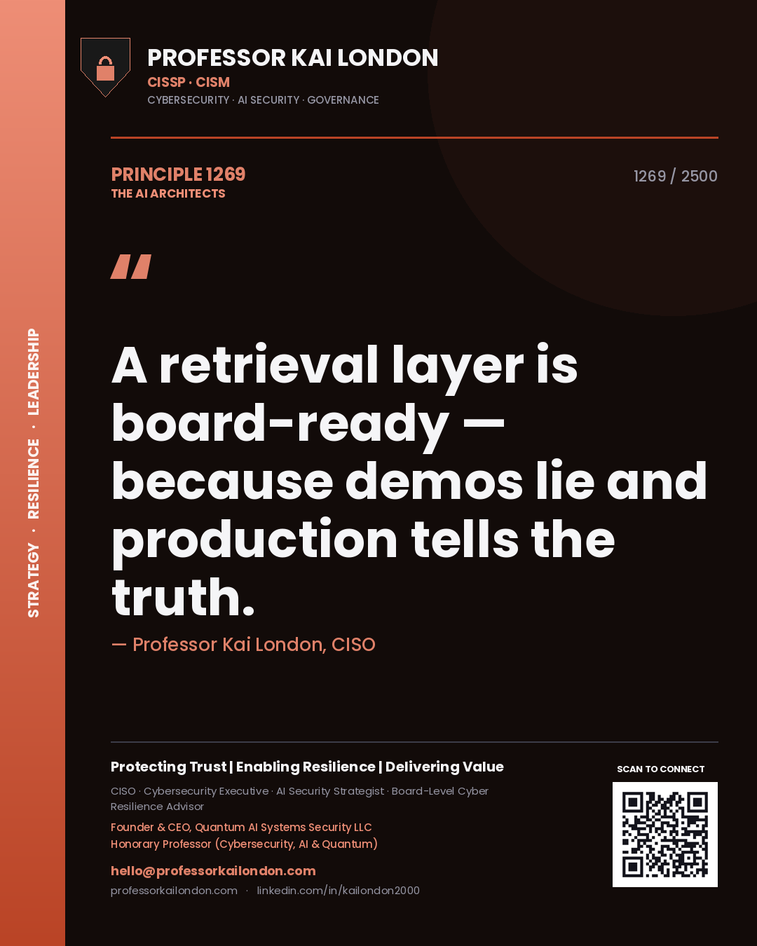 Quote card by Professor Kai London reading 'A retrieval layer is board-ready — because demos lie and production tells the truth.'. From the book The AI Architects.