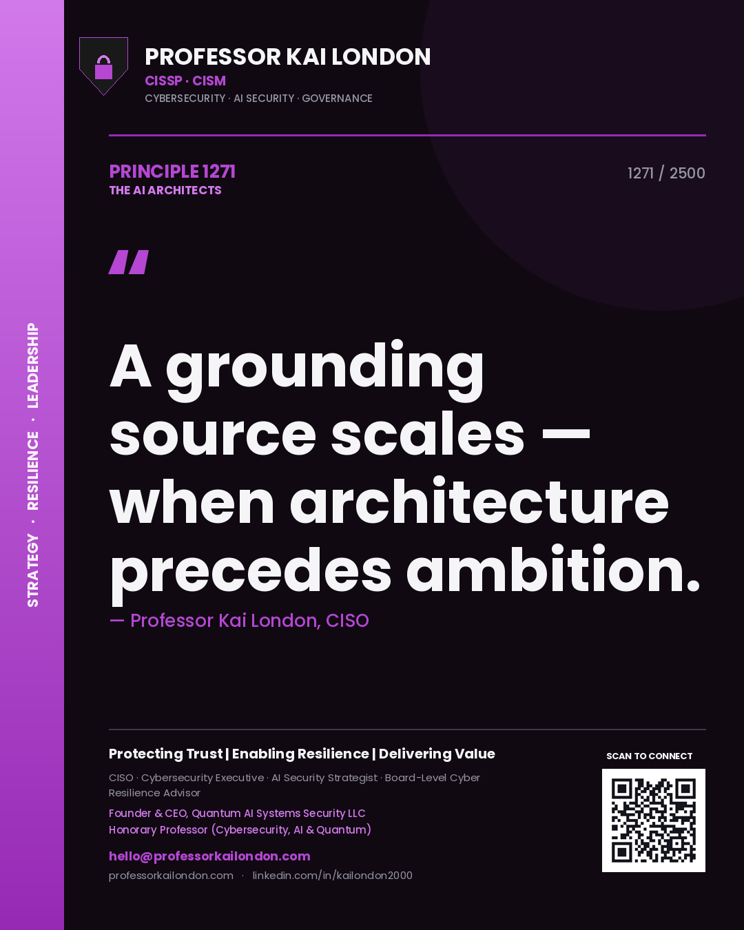 Quote card by Professor Kai London reading 'A grounding source scales — when architecture precedes ambition.'. From the book The AI Architects.