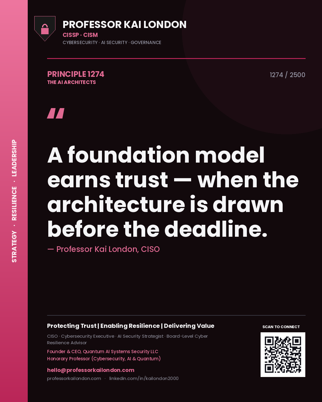 Quote card by Professor Kai London reading 'A foundation model earns trust — when the architecture is drawn before the deadline.'. From the book The AI Architects.