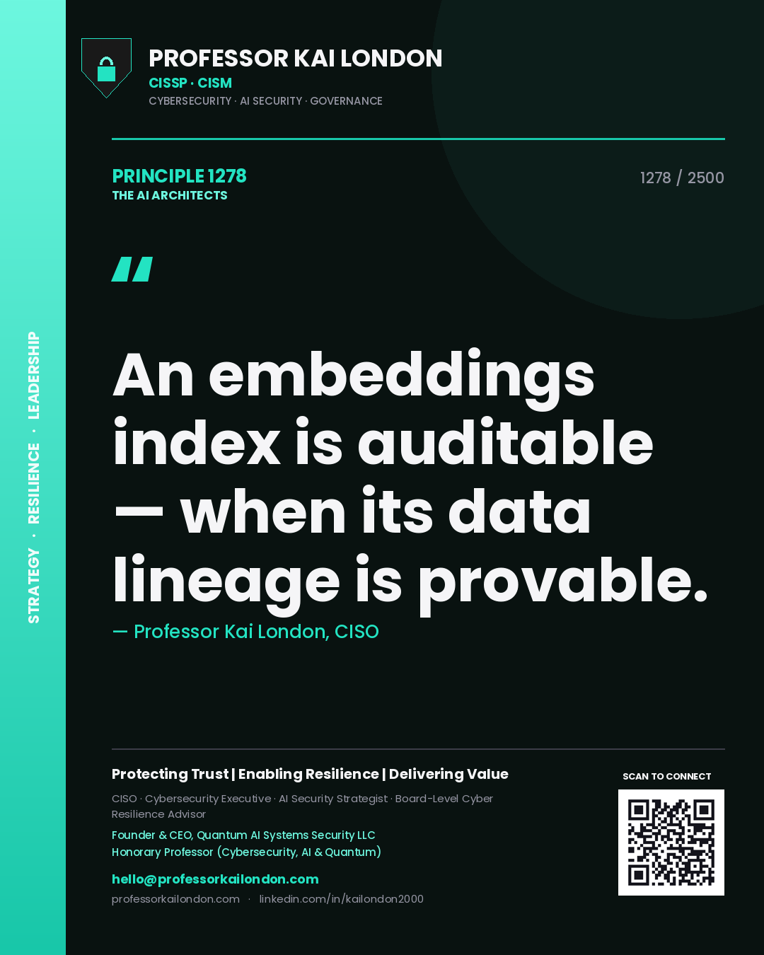 Quote card by Professor Kai London reading 'An embeddings index is auditable — when its data lineage is provable.'. From the book The AI Architects.