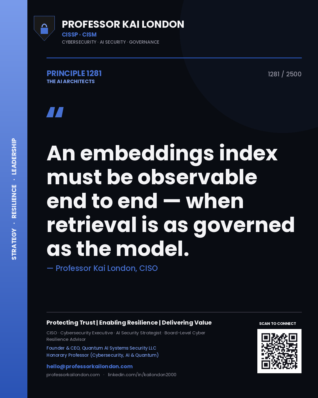 Quote card by Professor Kai London reading 'An embeddings index must be observable end to end — when retrieval is as governed as the model.'. From the book The AI Architects.