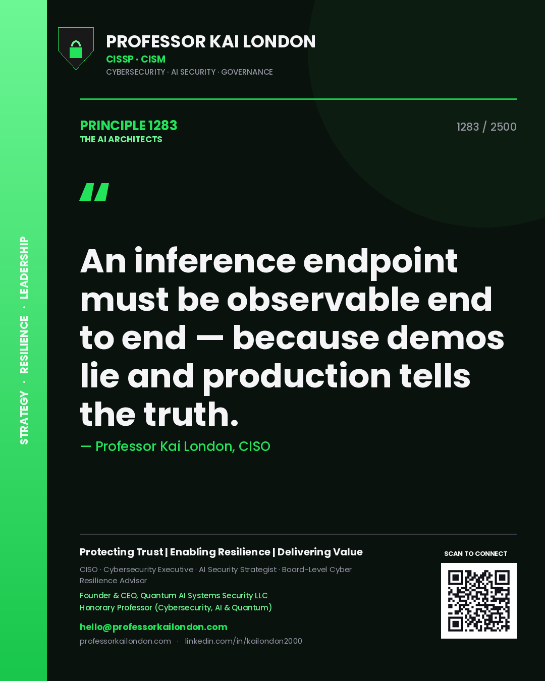 Quote card by Professor Kai London reading 'An inference endpoint must be observable end to end — because demos lie and production tells the truth.'. From the book The AI Architects.