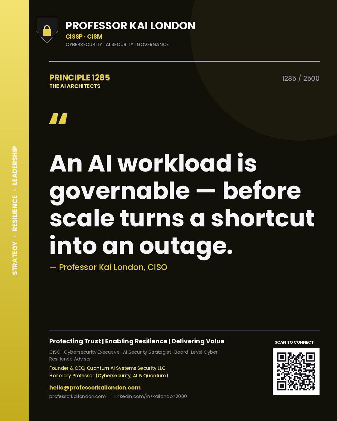 Quote card by Professor Kai London reading 'An AI workload is governable — before scale turns a shortcut into an outage.'. From the book The AI Architects.